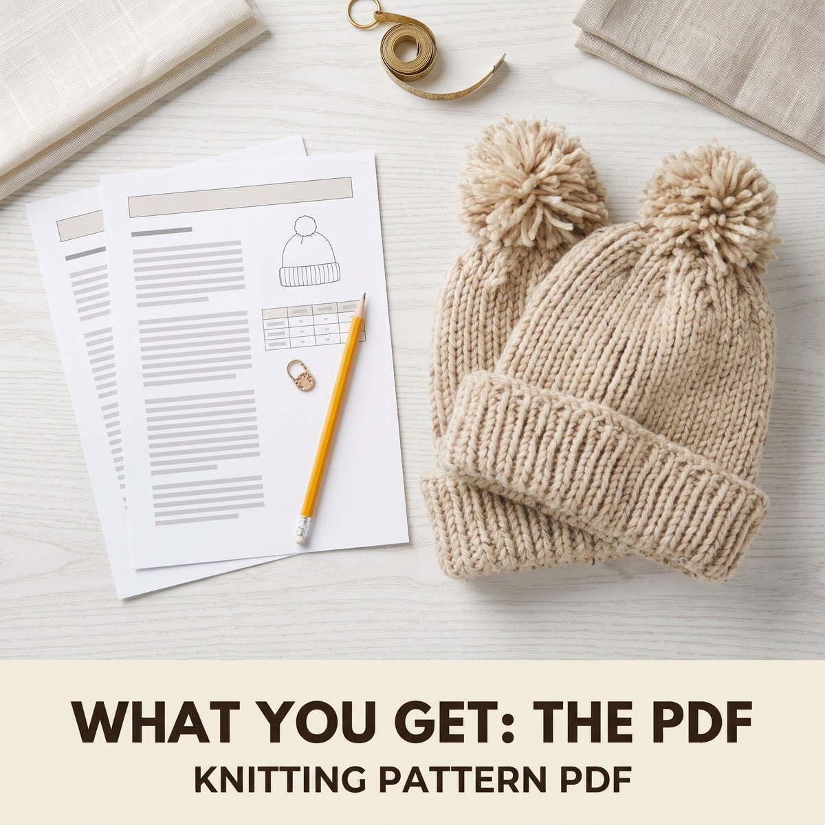 Ribbed Beanie Knitting Pattern PDF, Pompom Hat in 3 Sizes, Toddler 2–4, Child 8–10 and Adult, Beginner Friendly
