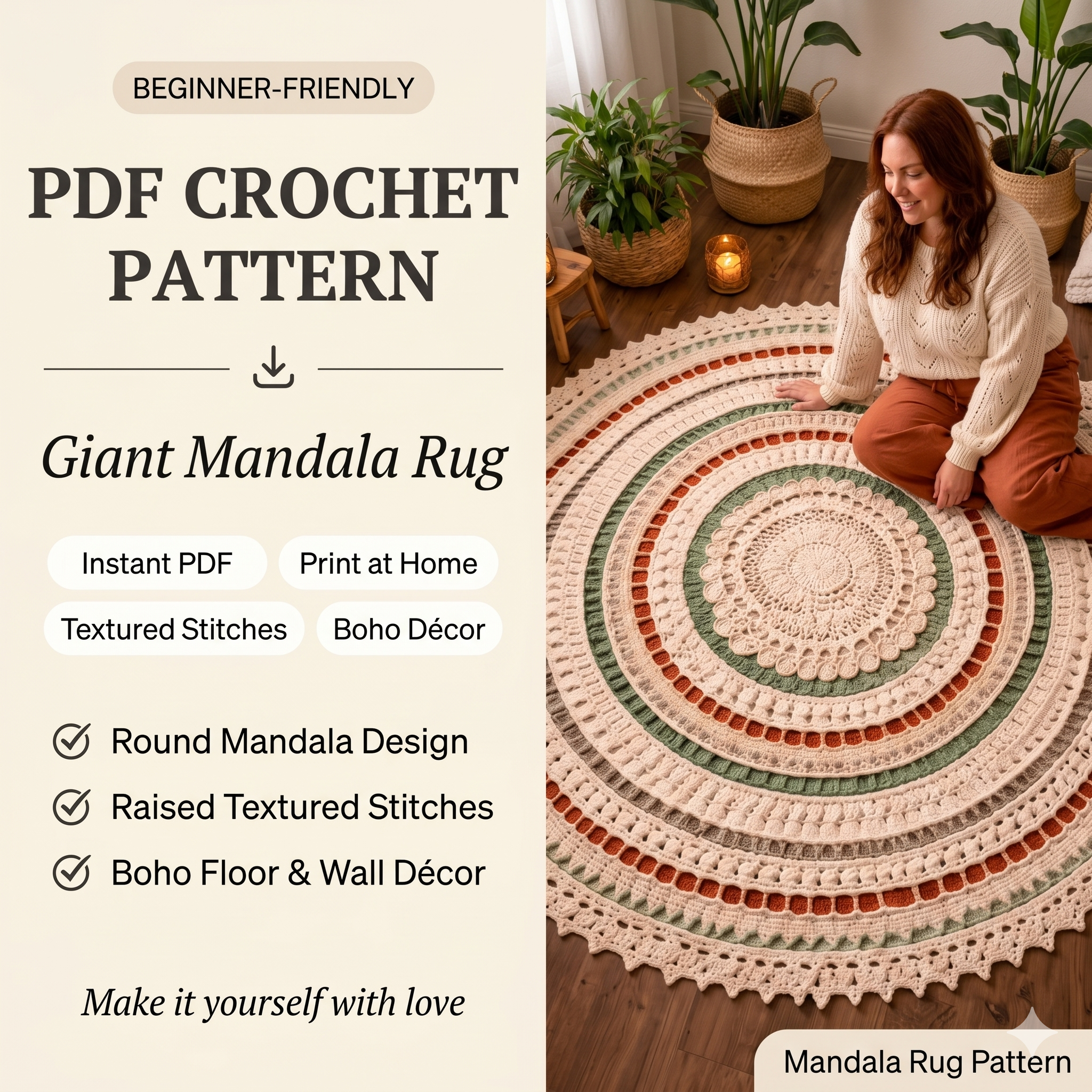 Giant Mandala Crochet Pattern | Boho Floor Decor, Round Rug Tutorial (Digital instructions)