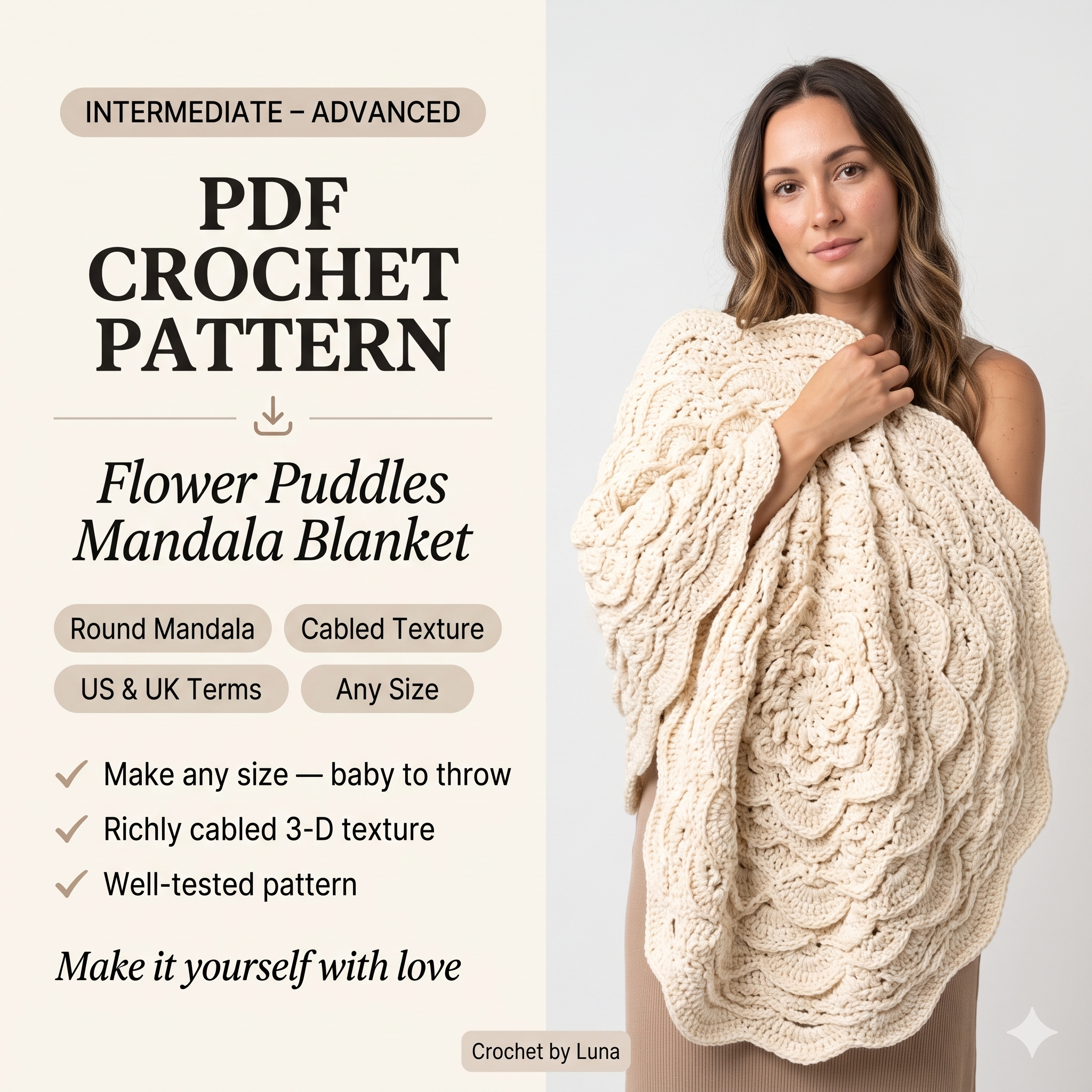 Mandala Blanket Crochet Pattern PDF | Textured Cabled Round Throw Pattern, Flower Puddles Afghan, Intermediate Advanced, US UK Terms, Download