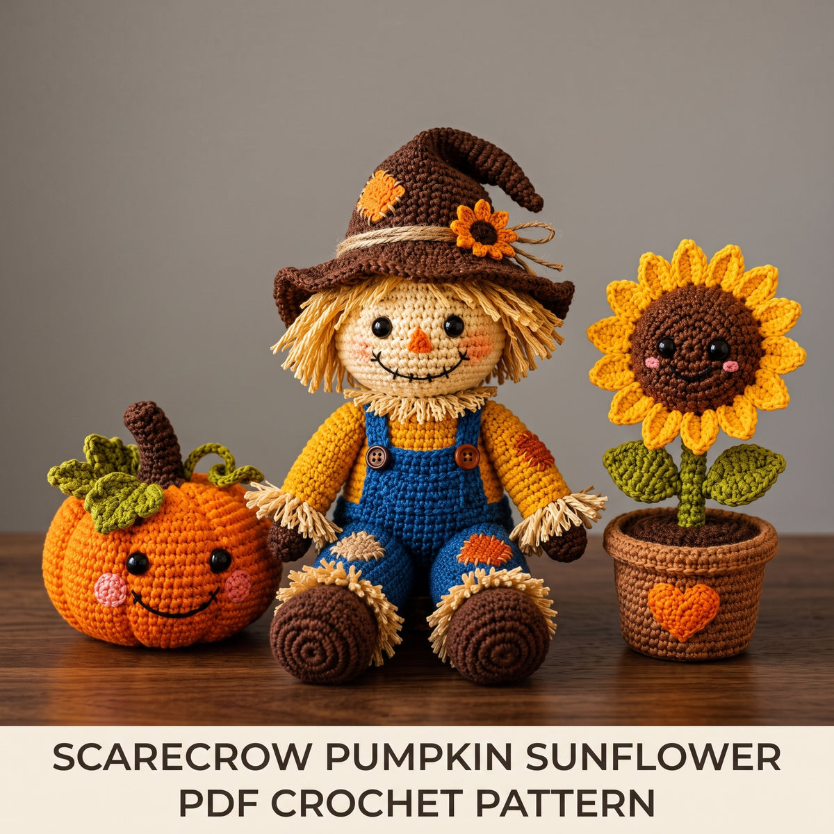 Crochet Scarecrow Pattern PDF | Amigurumi Pumpkin & Sunflower Fall Decor Set | 3 Projects | US Terms, Instant Download