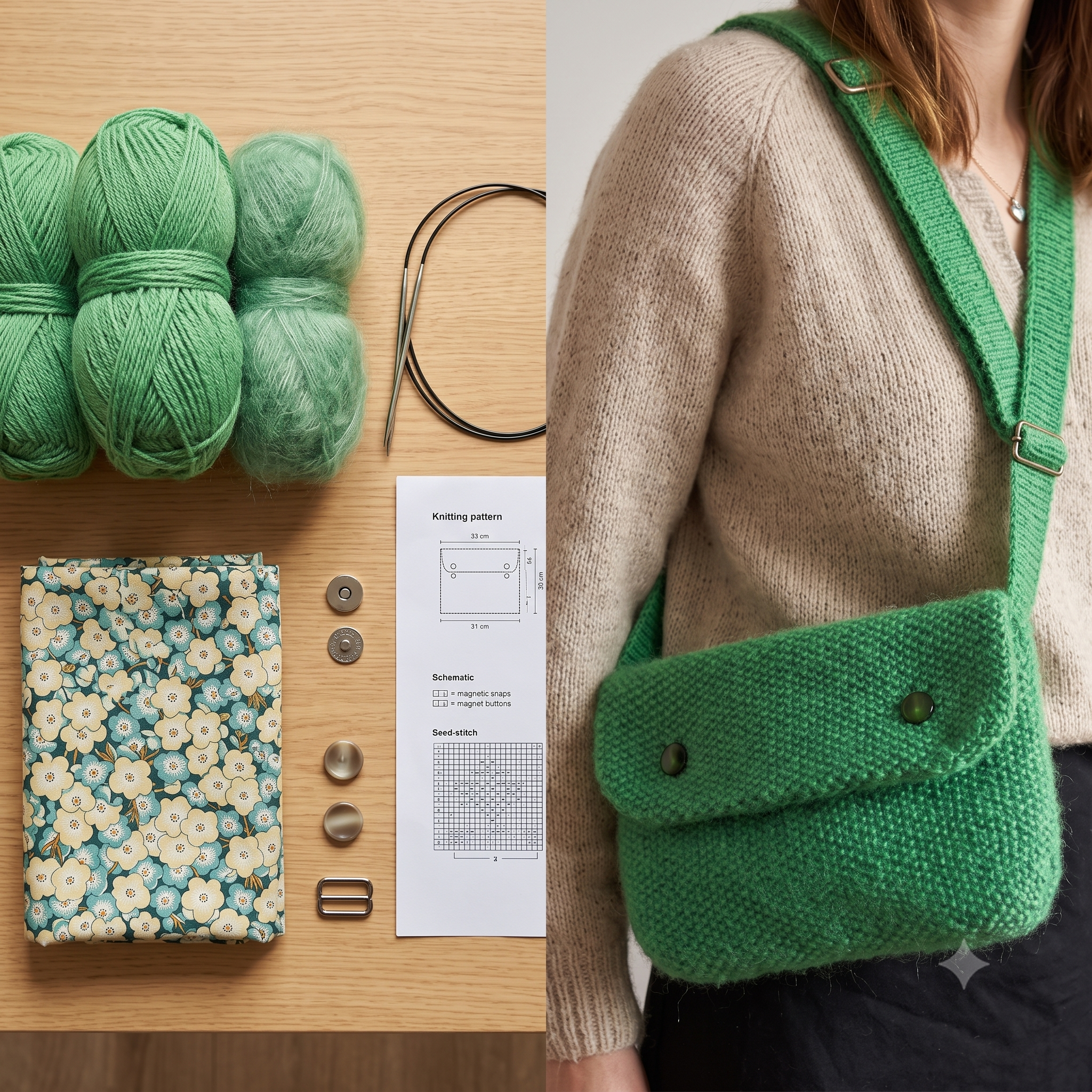 Seed Stitch Bag Knitting Pattern – PDF Knit Crossbody Bag & Clutch – Adjustable Strap Belt Bag – 31×20 cm – Instant Download
