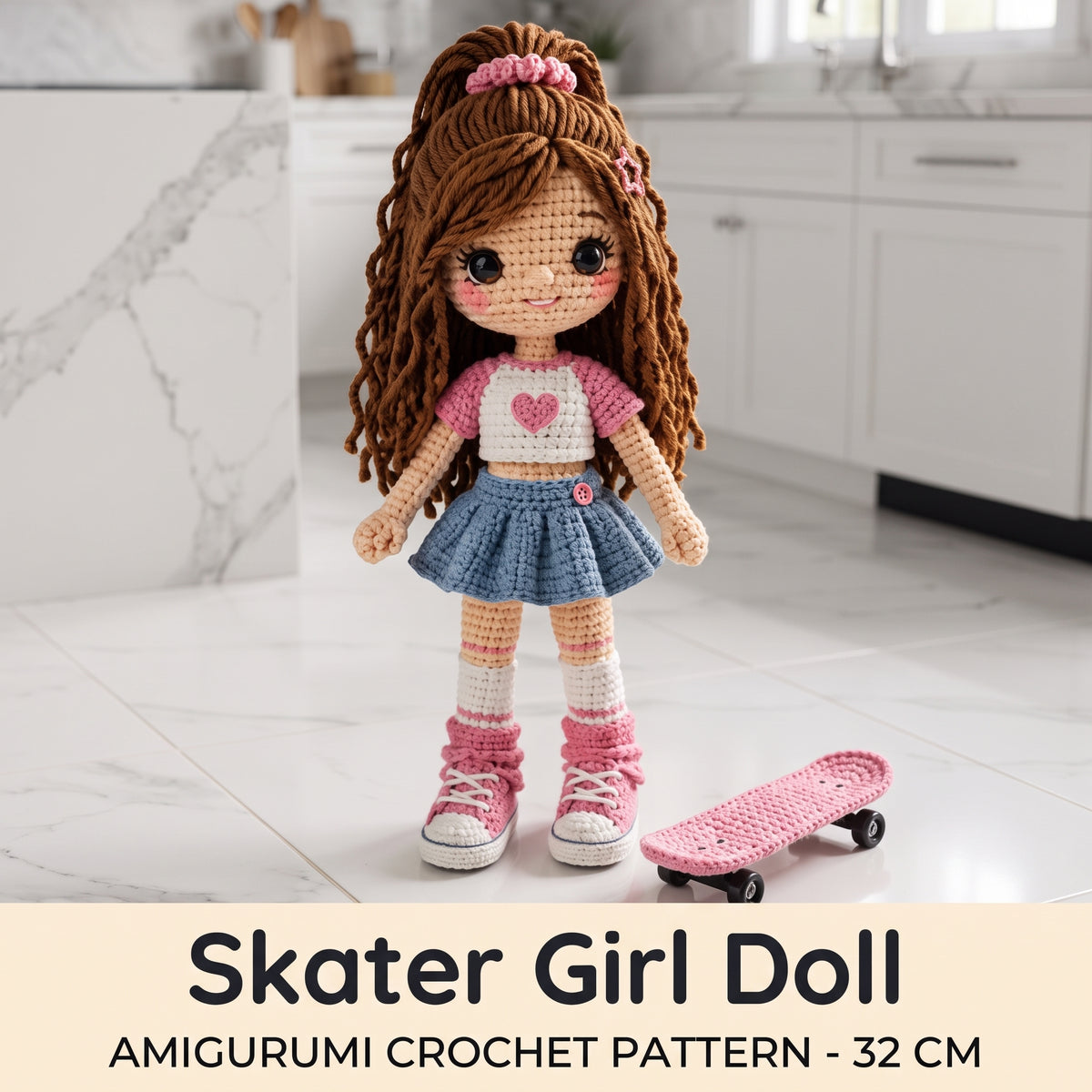 Skater Girl Doll Crochet Pattern PDF, Amigurumi with Skateboard