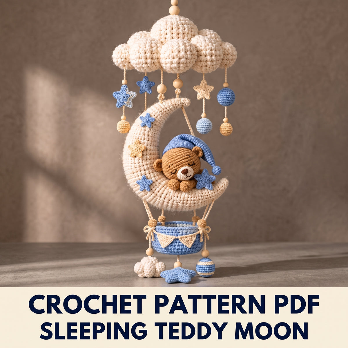 Sleeping Teddy Moon Nursery Hanging Crochet Pattern PDF – Cloud Canopy, Stars and Basket, US Terms