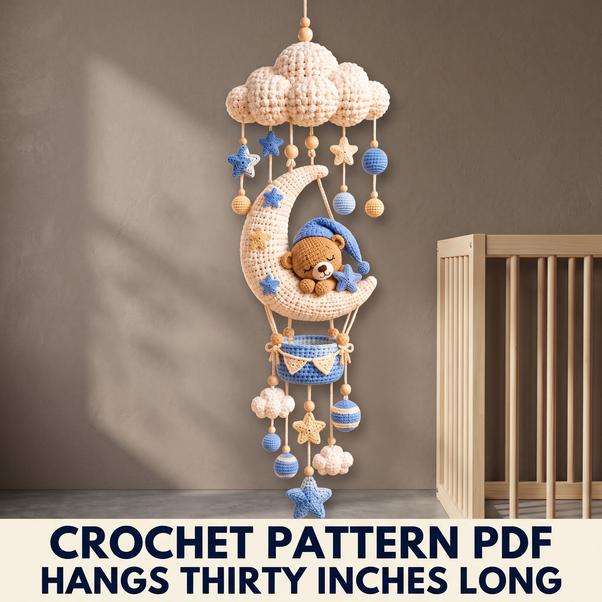 Sleeping Teddy Moon Nursery Hanging Crochet Pattern PDF – Cloud Canopy, Stars and Basket, US Terms
