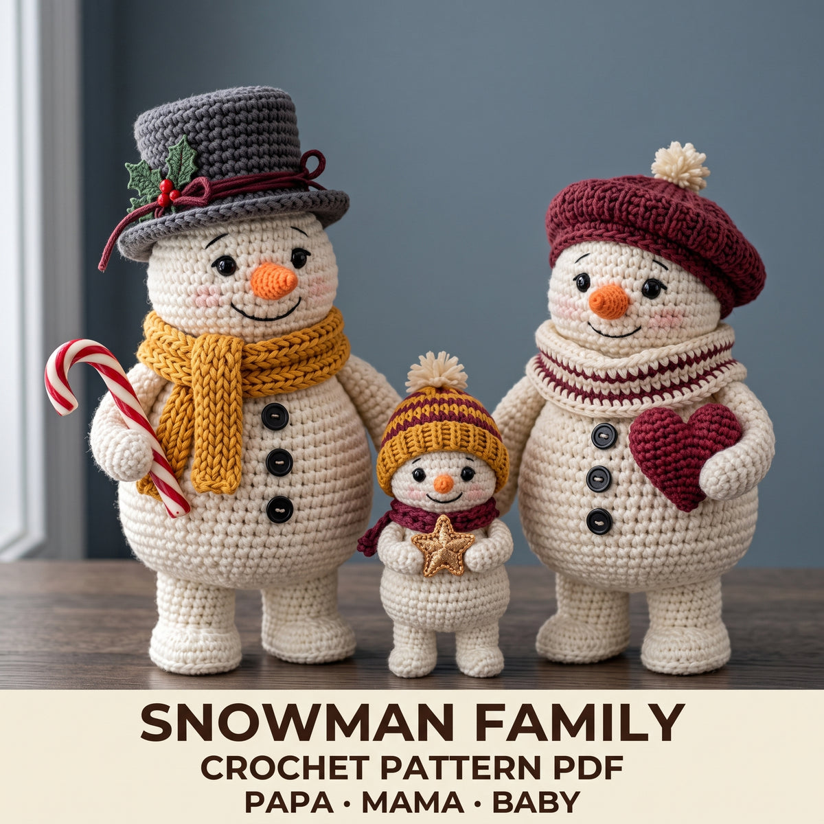 Snowman Family Crochet Pattern PDF, Papa, Mama and Baby Snowman Amigurumi, Low Sew, Confident Beginner