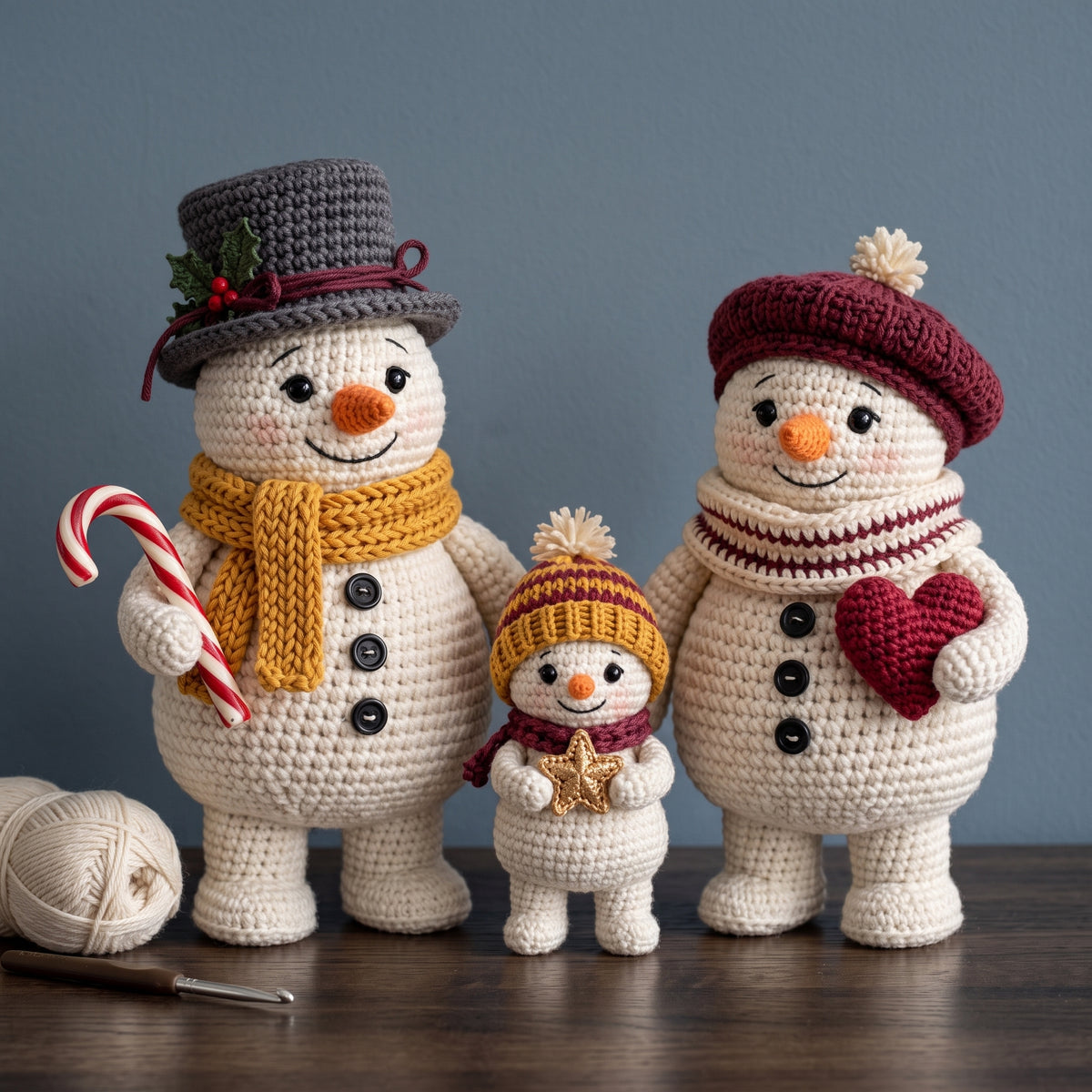 Snowman Family Crochet Pattern PDF, Papa, Mama and Baby Snowman Amigurumi, Low Sew, Confident Beginner
