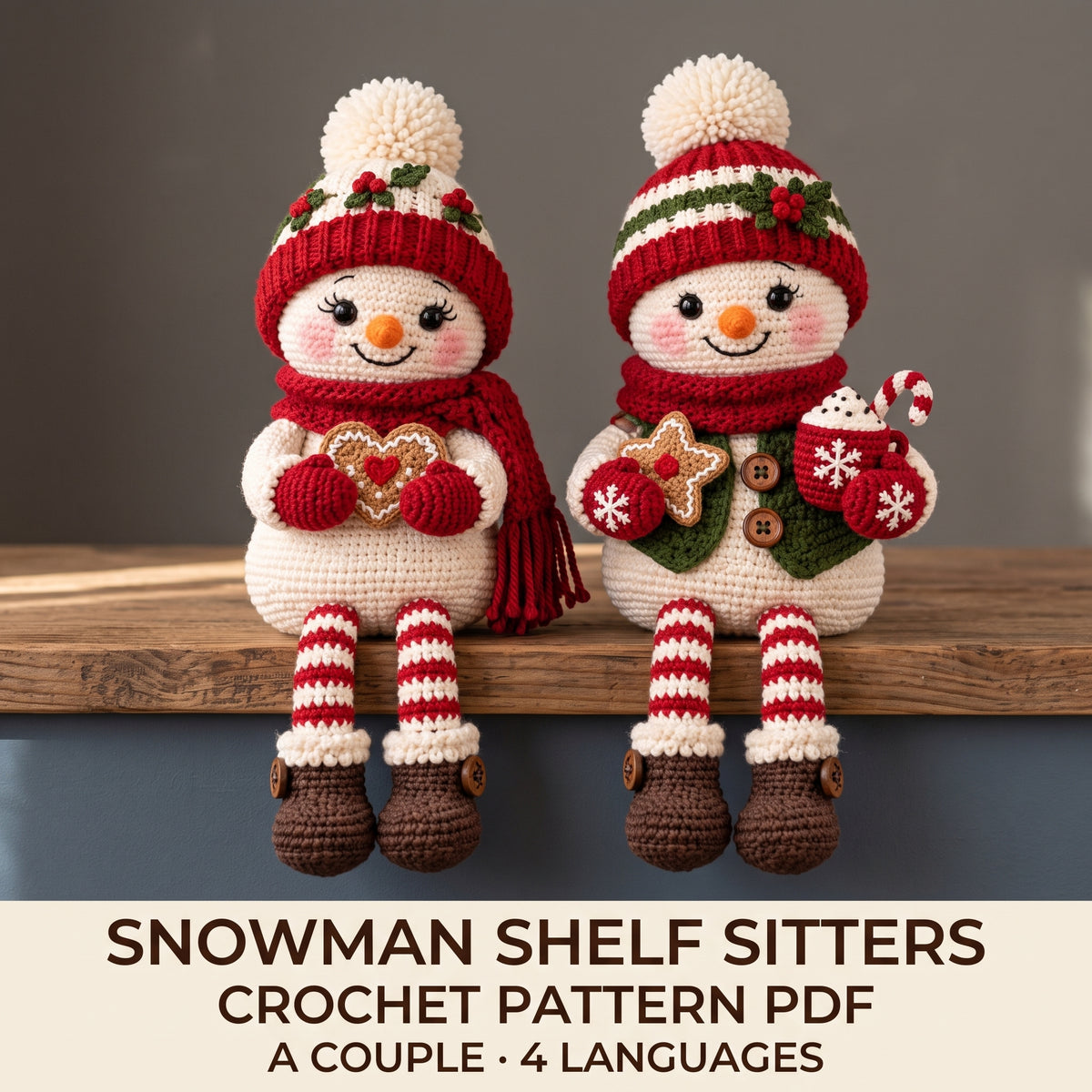 Snowman Shelf Sitter Crochet Pattern PDF, Christmas Snowman Couple with Long Striped Legs, Amigurumi, 4 Languages