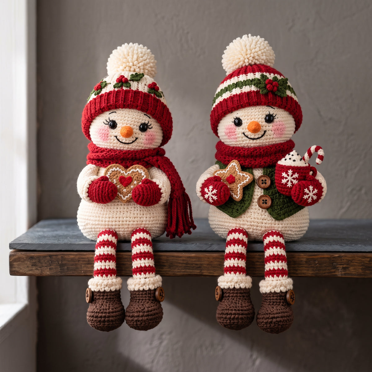 Snowman Shelf Sitter Crochet Pattern PDF, Christmas Snowman Couple with Long Striped Legs, Amigurumi, 4 Languages