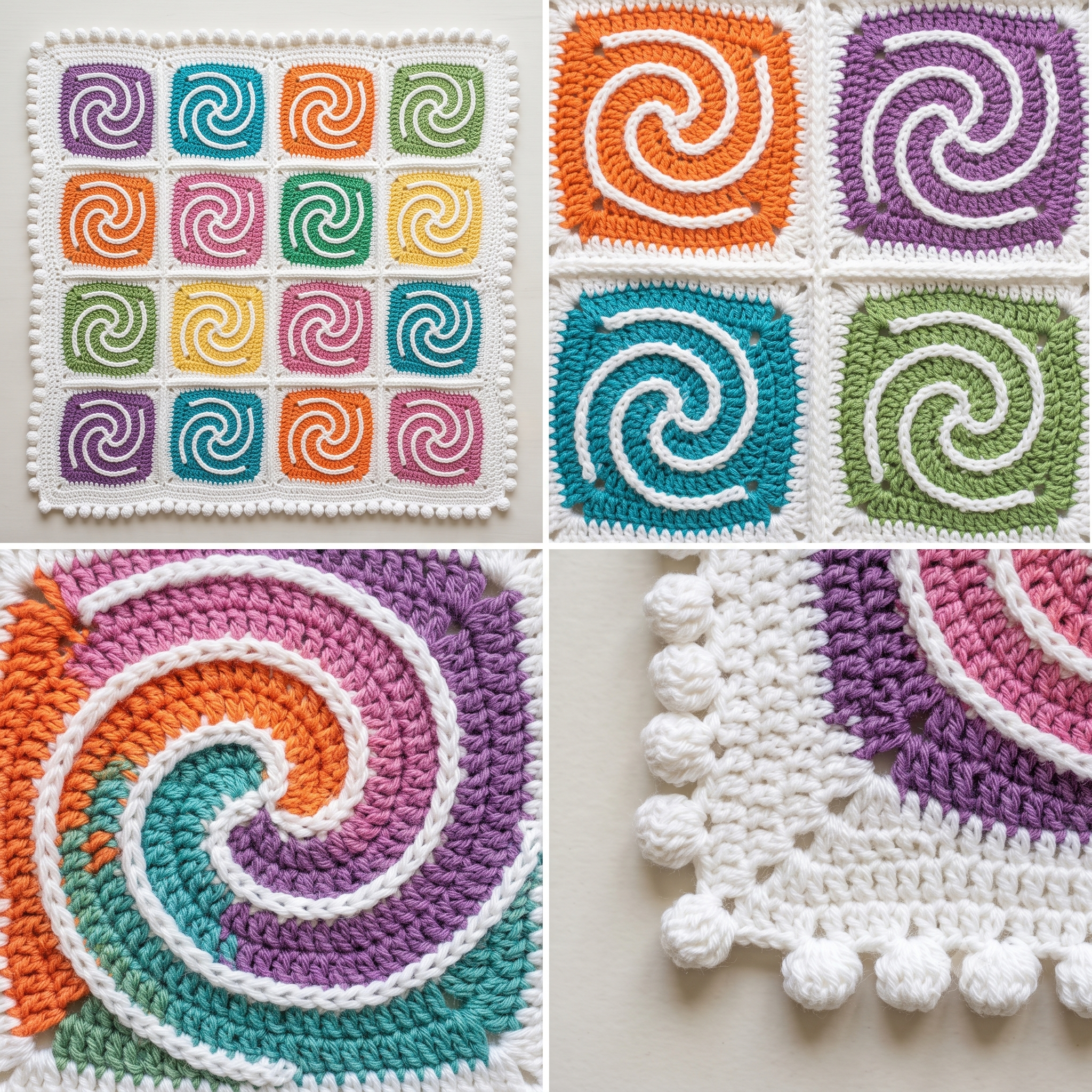 Spiral Granny Square Baby Blanket Crochet Pattern PDF | Join As You Go Blanket | Pom Pom Edging | DK Weight | Instant Download