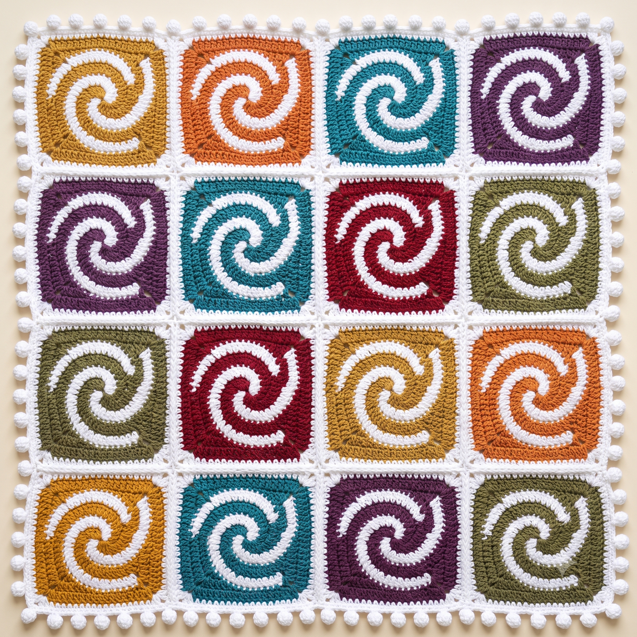 Spiral Granny Square Baby Blanket Crochet Pattern PDF | Join As You Go Blanket | Pom Pom Edging | DK Weight | Instant Download