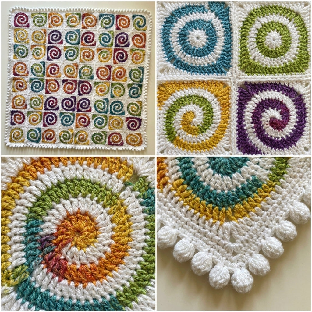 Spiral Granny Square Baby Blanket Crochet Pattern PDF | Join As You Go Blanket | Pom Pom Edging | DK Weight | Instant Download