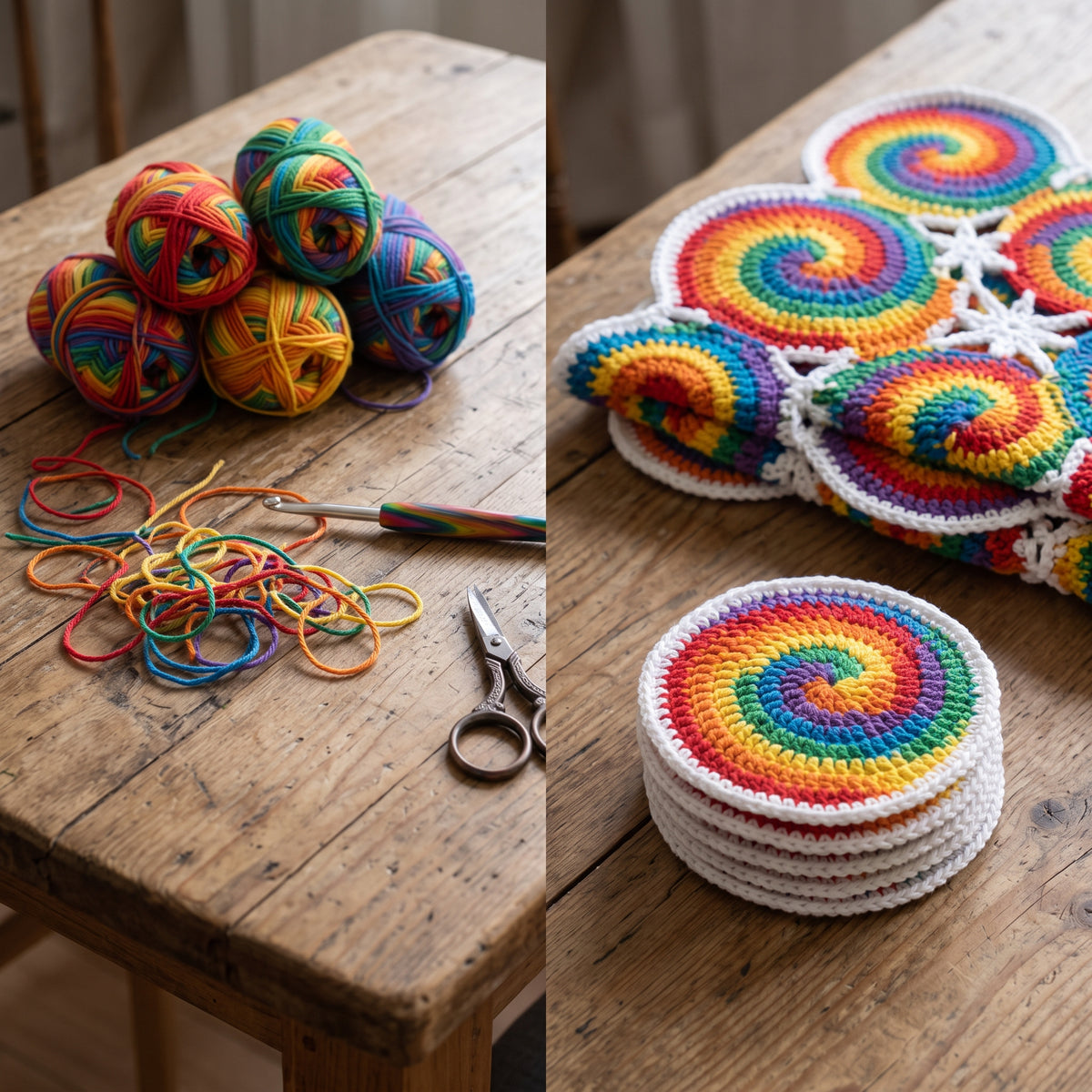 Spiral Swirl Coasters and Placemats Crochet Pattern PDF, Rainbow Motif Table Set, Quick Scrap Yarn Project