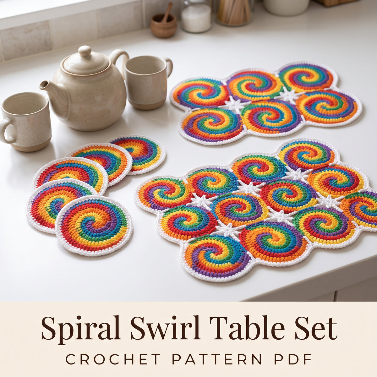 Spiral Swirl Coasters and Placemats Crochet Pattern PDF, Rainbow Motif Table Set, Quick Scrap Yarn Project