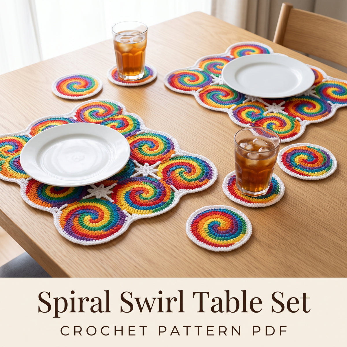 Spiral Swirl Coasters and Placemats Crochet Pattern PDF, Rainbow Motif Table Set, Quick Scrap Yarn Project