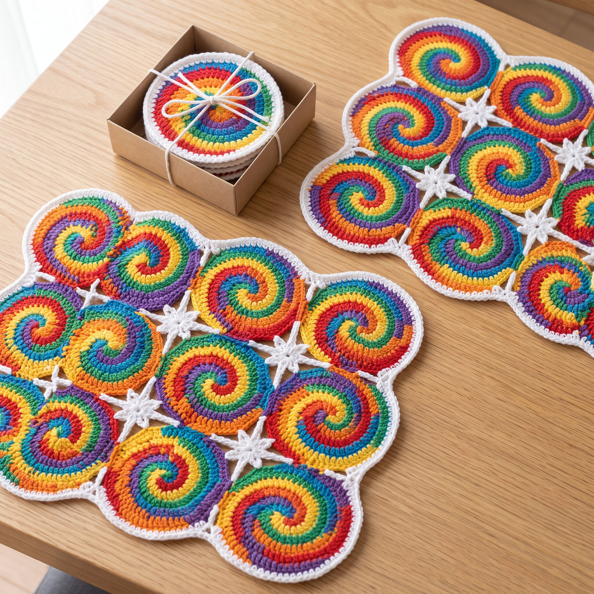 Spiral Swirl Coasters and Placemats Crochet Pattern PDF, Rainbow Motif Table Set, Quick Scrap Yarn Project