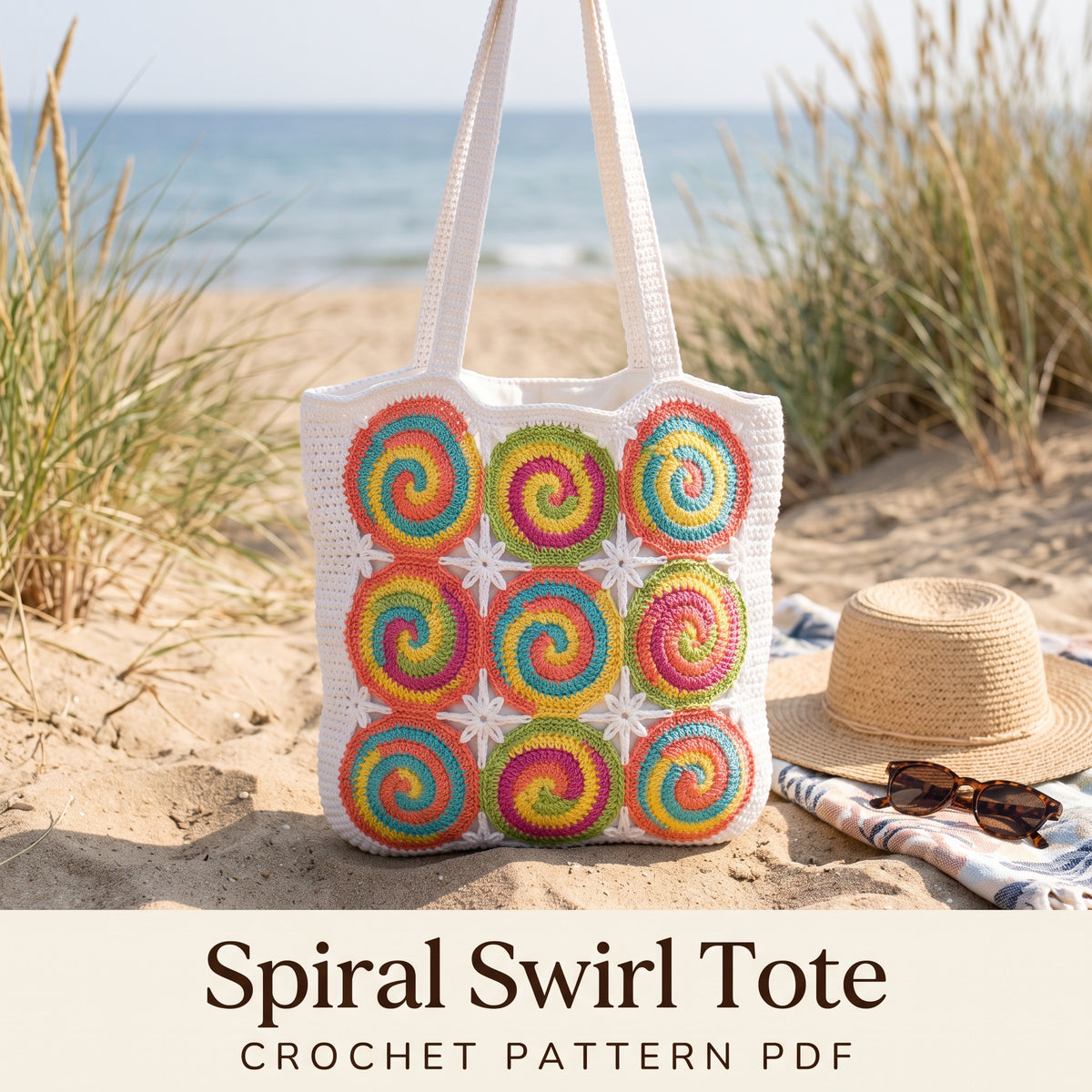 Spiral Swirl Tote Bag Crochet Pattern PDF, Motif Market Bag with Star Joins, Colorful Summer Beach Tote