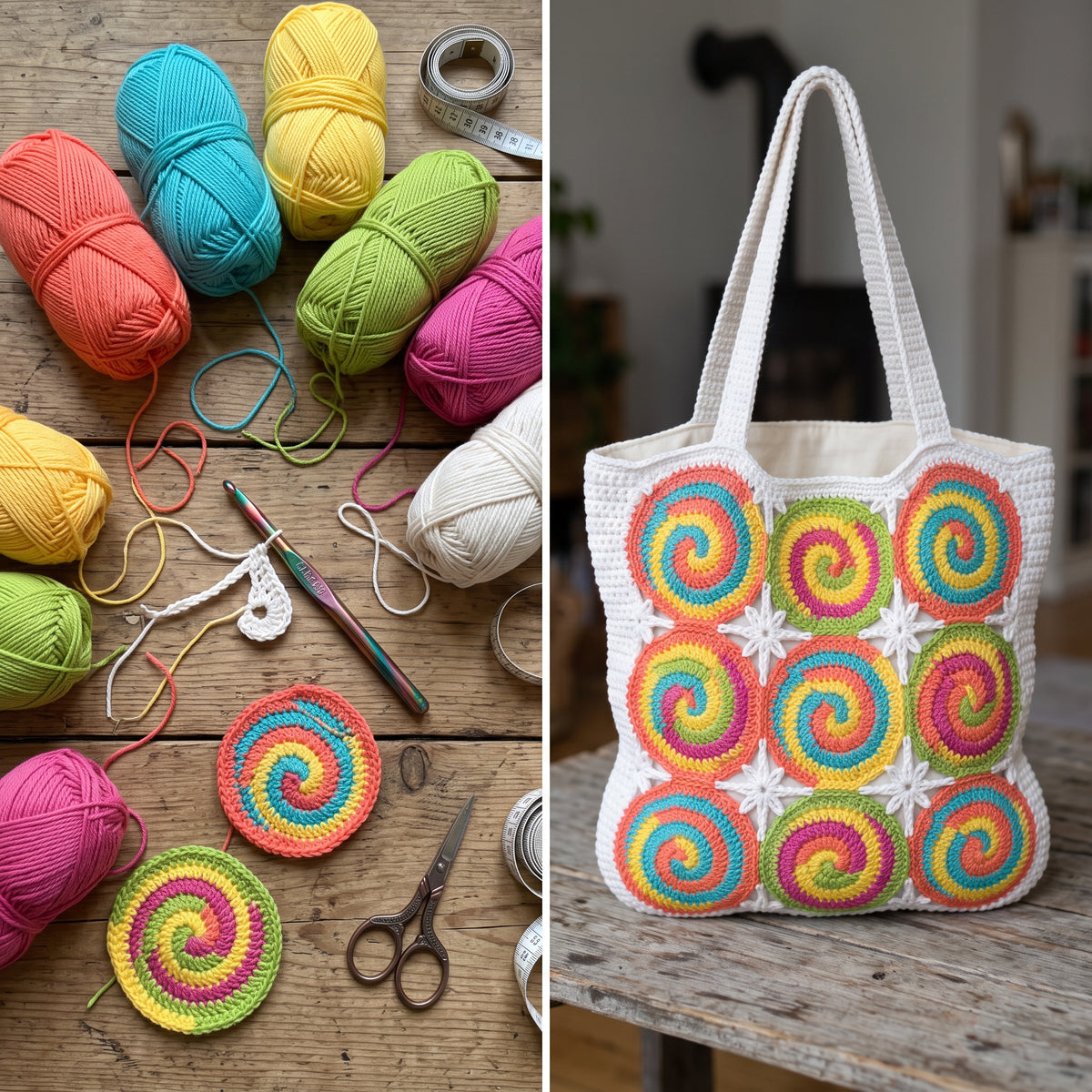 Spiral Swirl Tote Bag Crochet Pattern PDF, Motif Market Bag with Star Joins, Colorful Summer Beach Tote