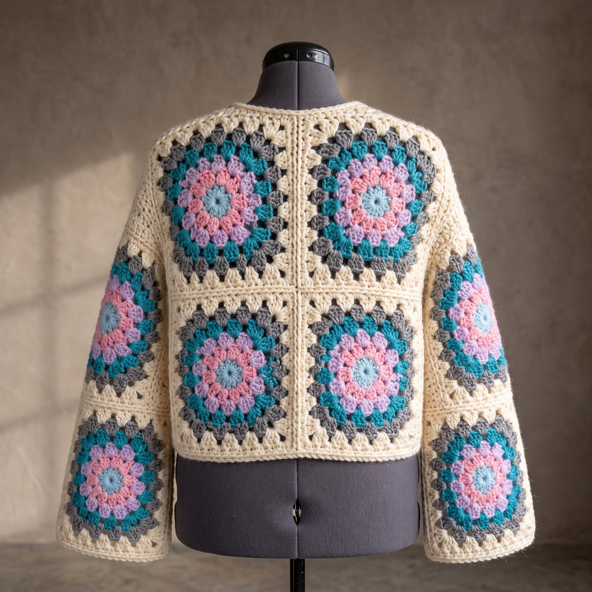 Granny Square Cardigan Crochet Pattern PDF, Tie Front, Sizes S–2XL