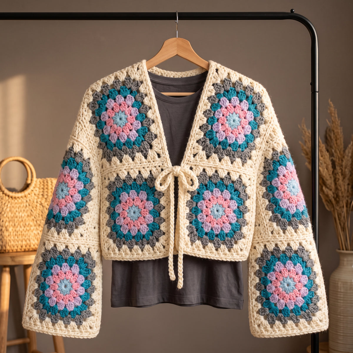 Granny Square Cardigan Crochet Pattern PDF, Tie Front, Sizes S–2XL