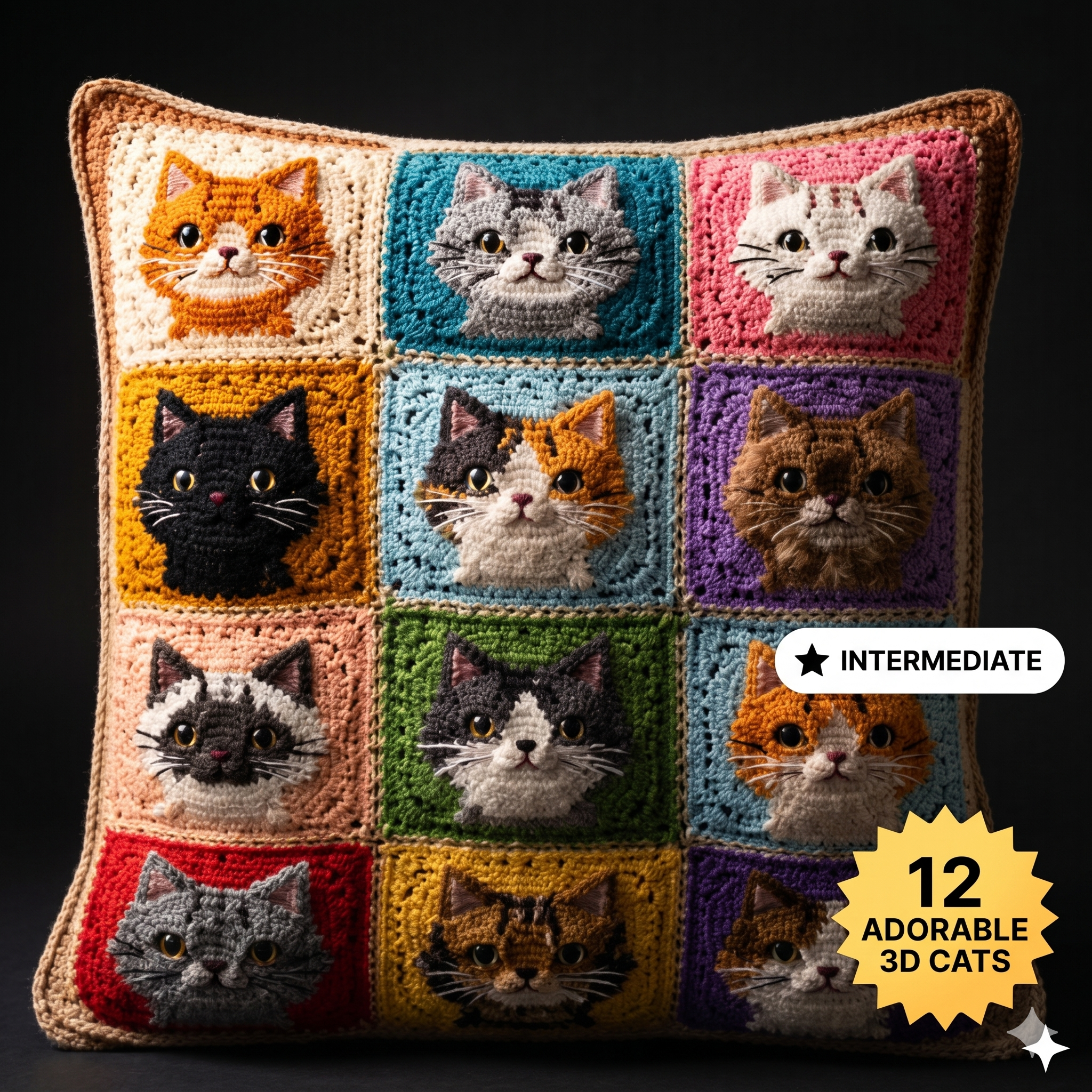 3D Cat Crochet Pattern - Granny Square Cat Pillow, Animal Cushion Design (multilingual PDF Download)
