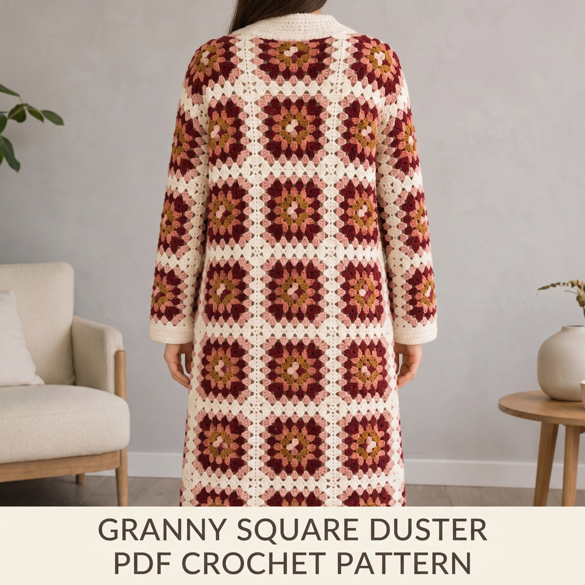 Granny Square Duster Crochet Pattern PDF | Long Cardigan Coatigan, XS to 5XL, Boho Vintage Style