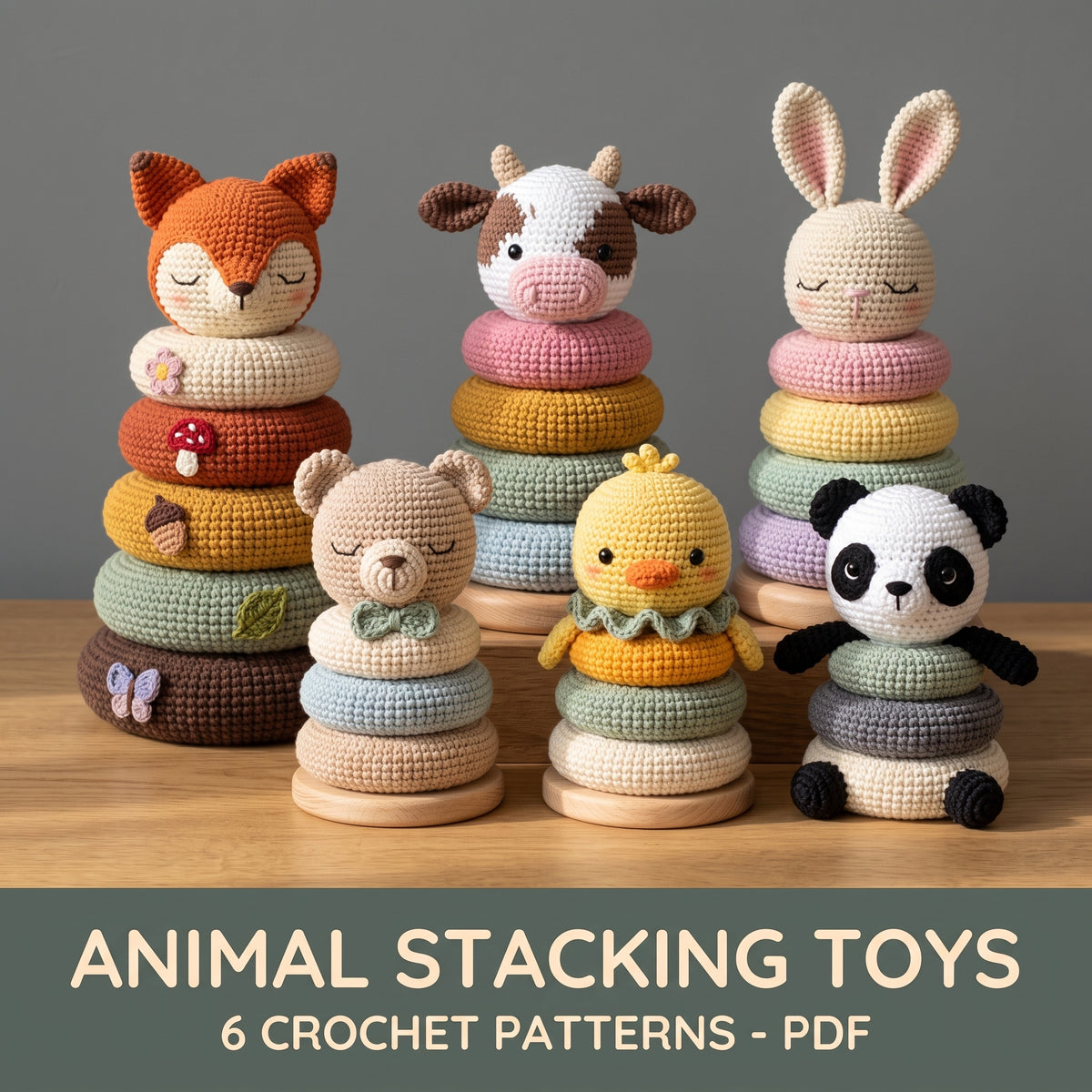 Crochet Stacking Toy Pattern Bundle PDF, 6 Animal Stacking Rings