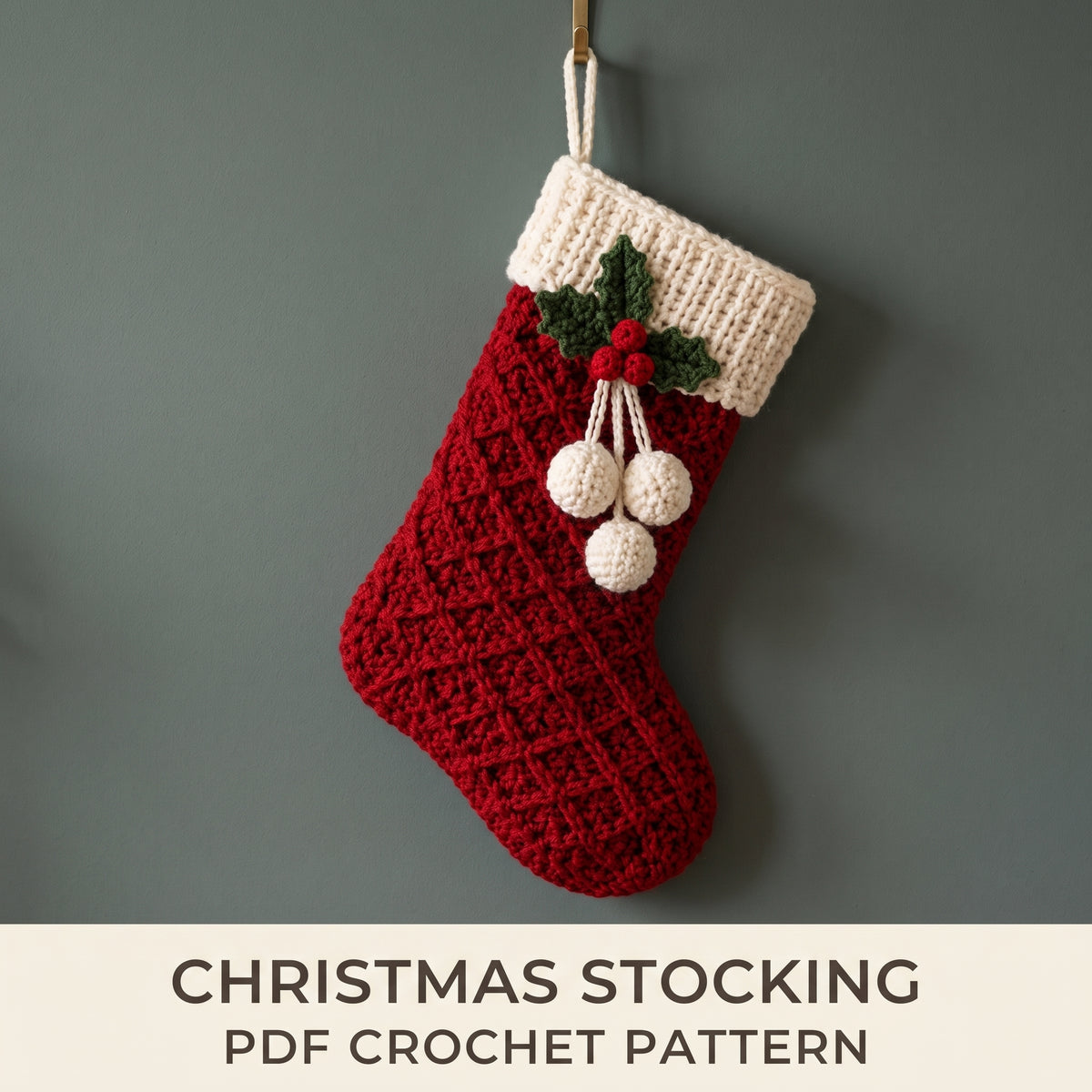 Crochet Christmas Stocking Pattern PDF | Textured Diamond Stitch, 18-20 inch | Holly & Pompoms | Beginner, US Terms