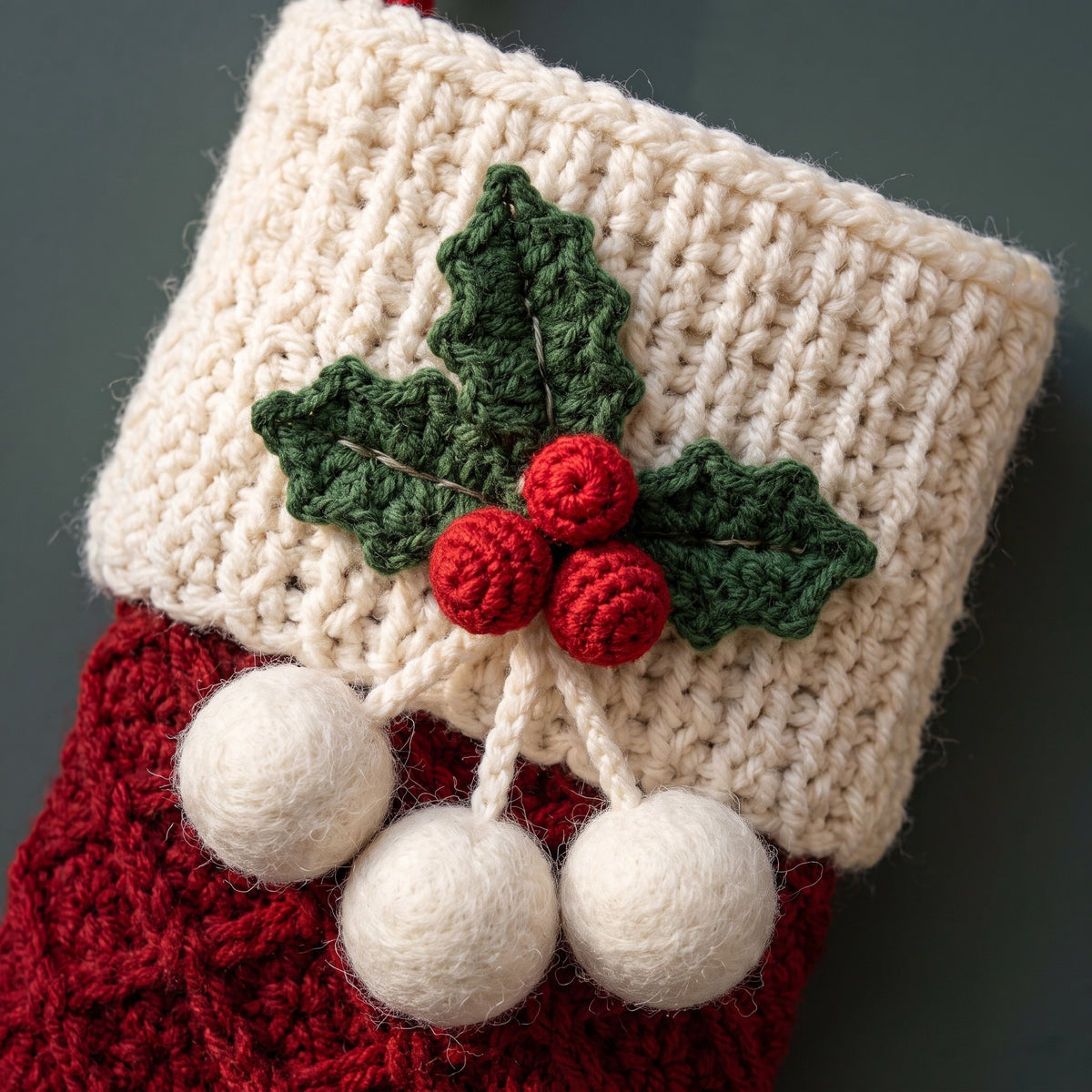 Crochet Christmas Stocking Pattern PDF | Textured Diamond Stitch, 18-20 inch | Holly & Pompoms | Beginner, US Terms