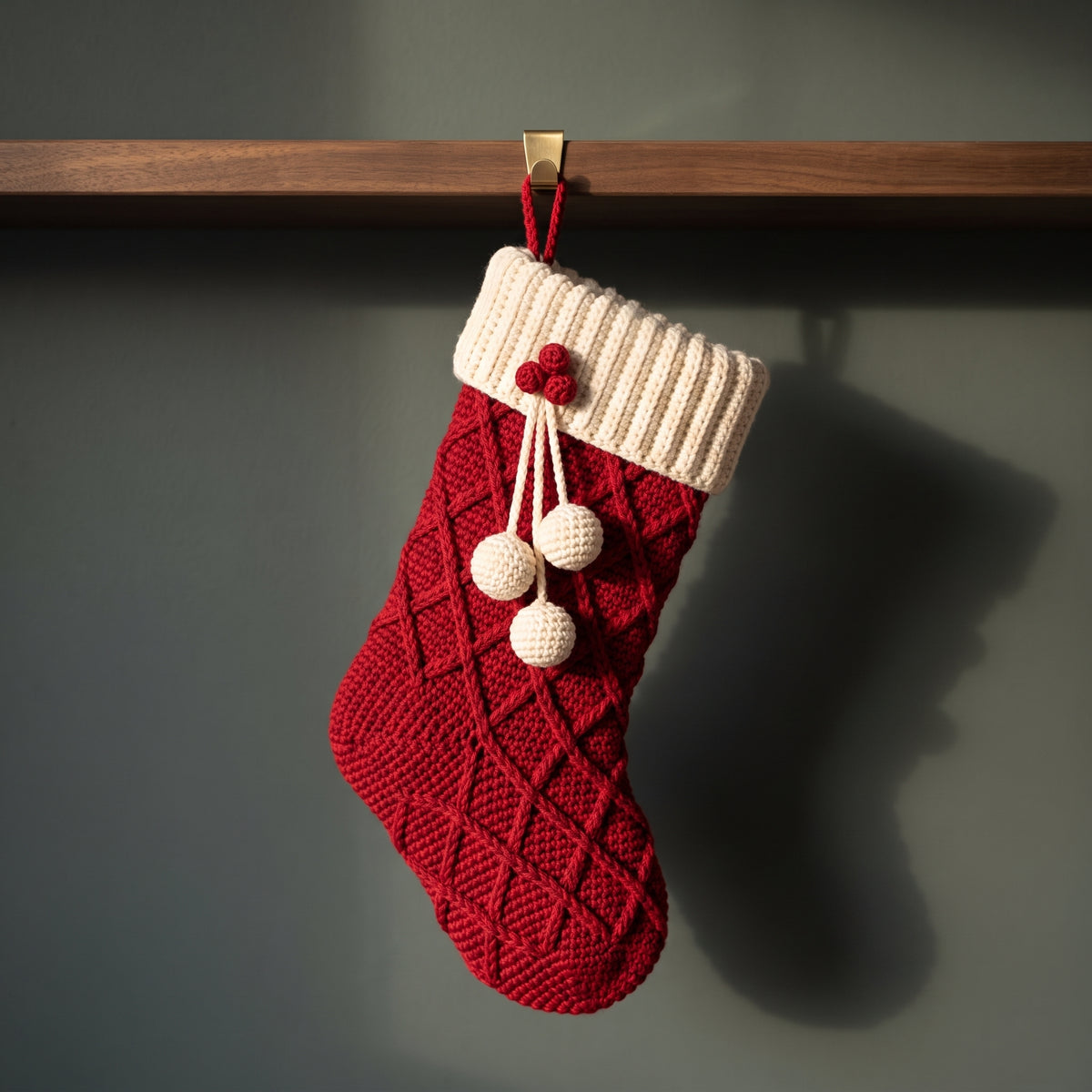 Crochet Christmas Stocking Pattern PDF | Textured Diamond Stitch, 18-20 inch | Holly & Pompoms | Beginner, US Terms