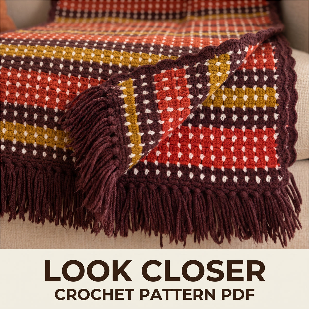 Striped Afghan Crochet Pattern PDF, Rust Mustard and Burgundy Throw with Cream Dots and Fringe, Fall Blanket