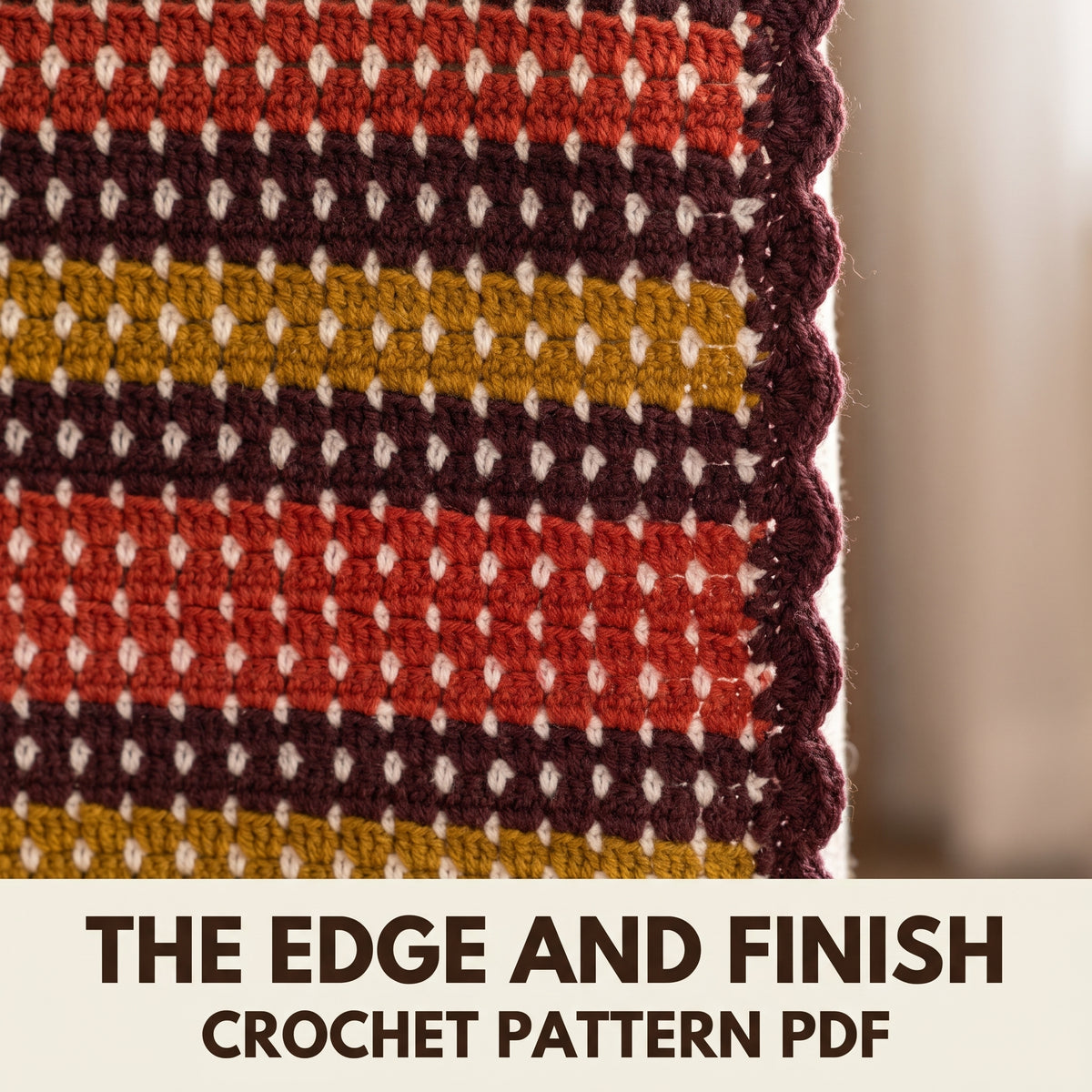 Striped Afghan Crochet Pattern PDF, Rust Mustard and Burgundy Throw with Cream Dots and Fringe, Fall Blanket