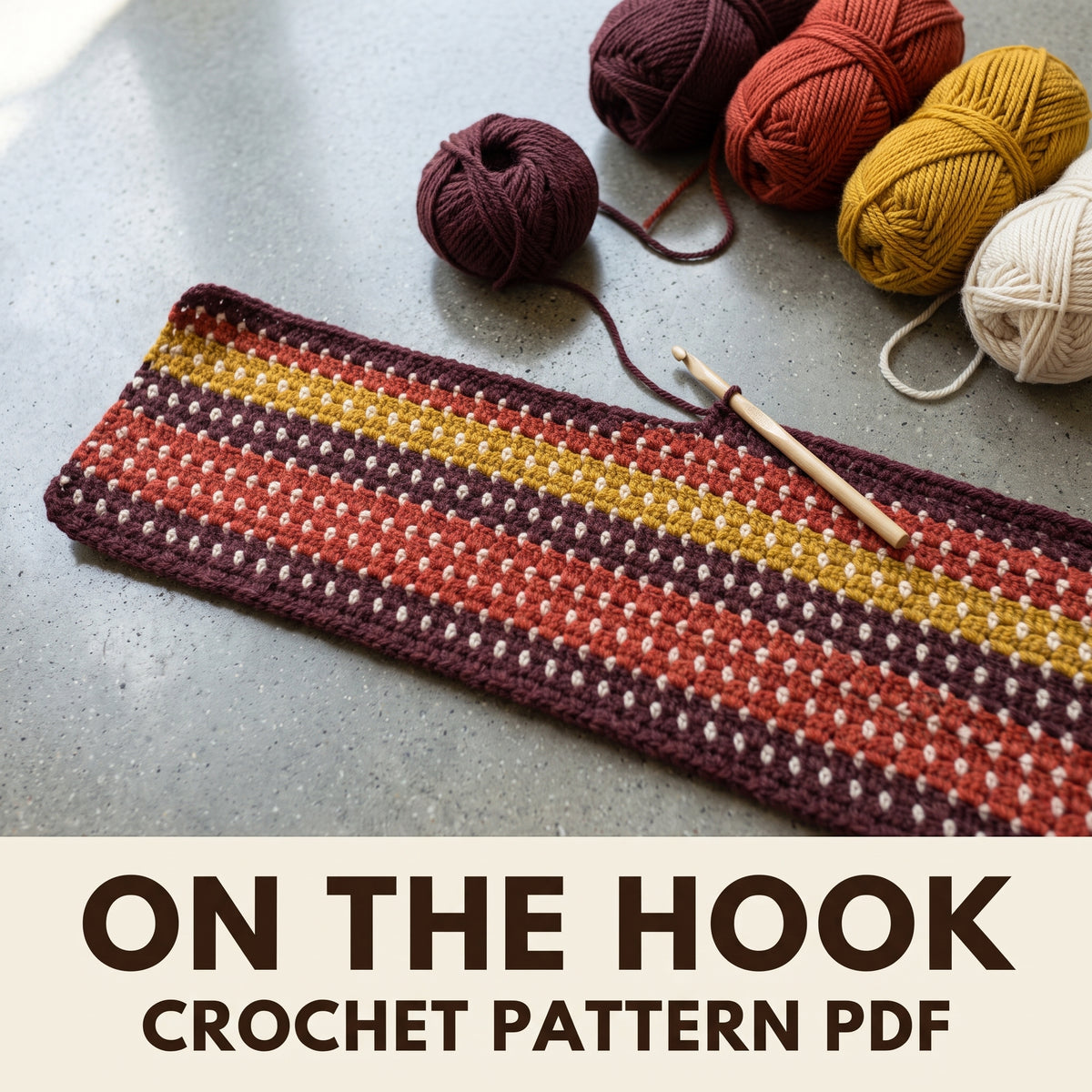 Striped Afghan Crochet Pattern PDF, Rust Mustard and Burgundy Throw with Cream Dots and Fringe, Fall Blanket