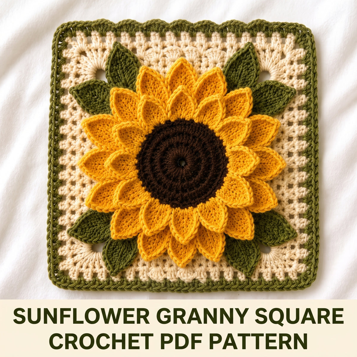 Sunflower Granny Square Crochet Pattern | 3D Layered Petals & Leaves | 7.5 inch Motif for Blankets & Cushions | PDF Download
