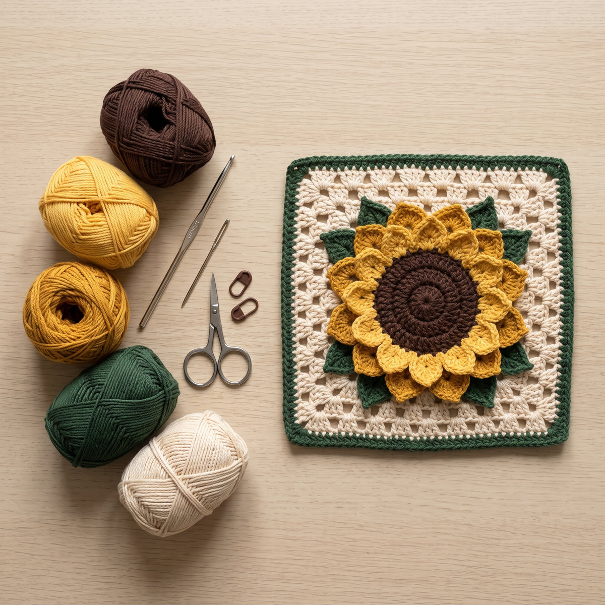 Sunflower Granny Square Crochet Pattern | 3D Layered Petals & Leaves | 7.5 inch Motif for Blankets & Cushions | PDF Download