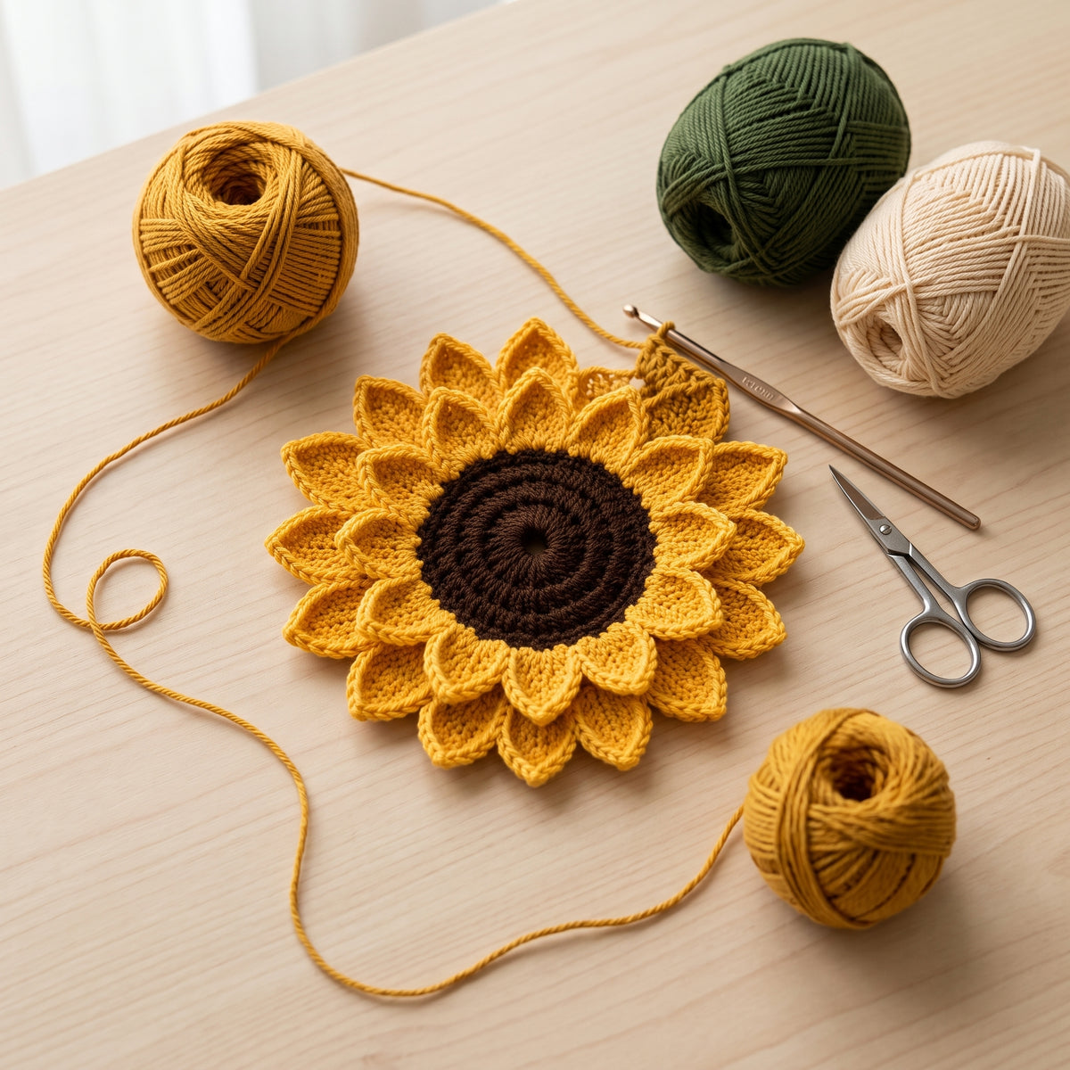 Sunflower Granny Square Crochet Pattern | 3D Layered Petals & Leaves | 7.5 inch Motif for Blankets & Cushions | PDF Download