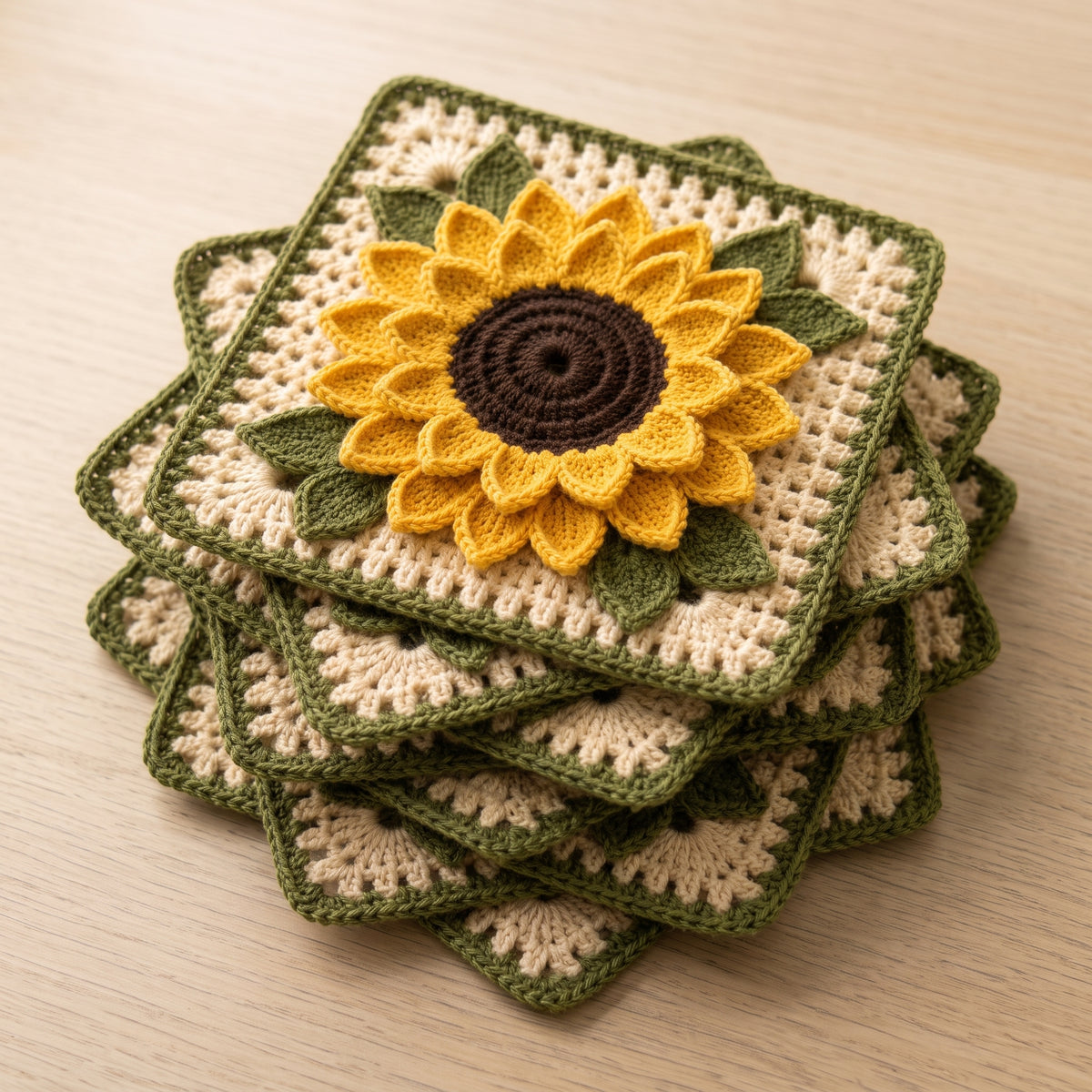 Sunflower Granny Square Crochet Pattern | 3D Layered Petals & Leaves | 7.5 inch Motif for Blankets & Cushions | PDF Download