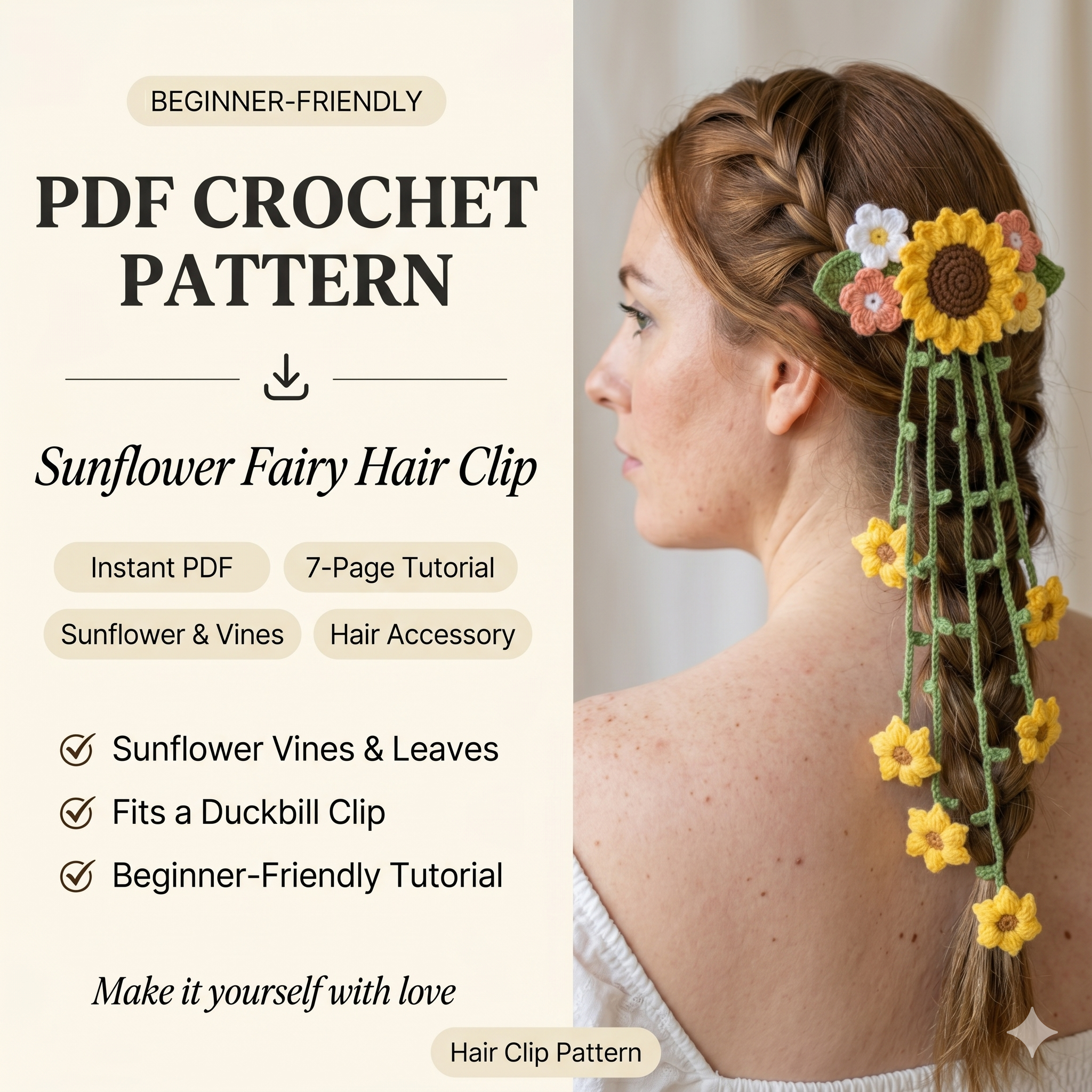 Sunflower Fairy Hair Clip Crochet Pattern PDF | Floral Hair Accessory Tutorial | Instant Digital Download