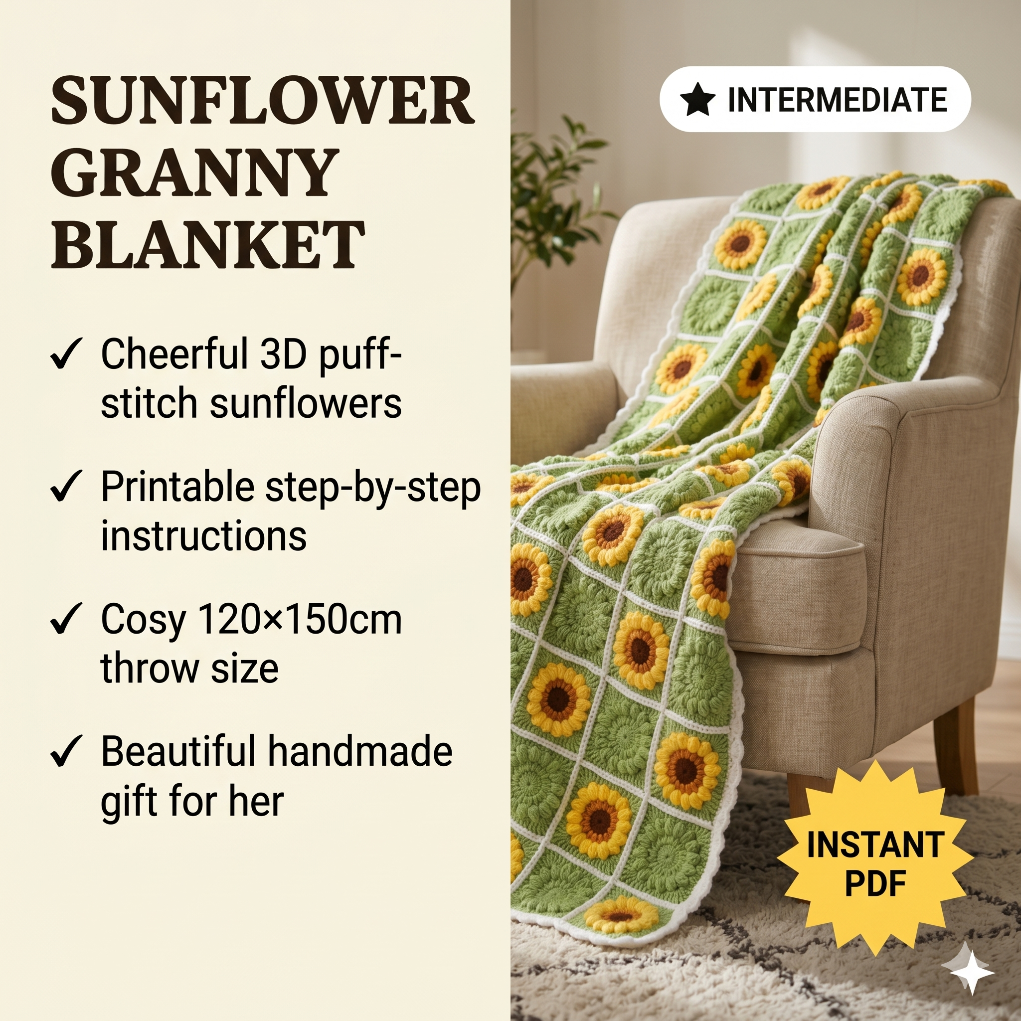 Crochet Sunflower Granny Square Pattern, 120X150cm Crochet Baby Blanket Boho Pattern, Printable Instructions Download PDF Gifts for Her