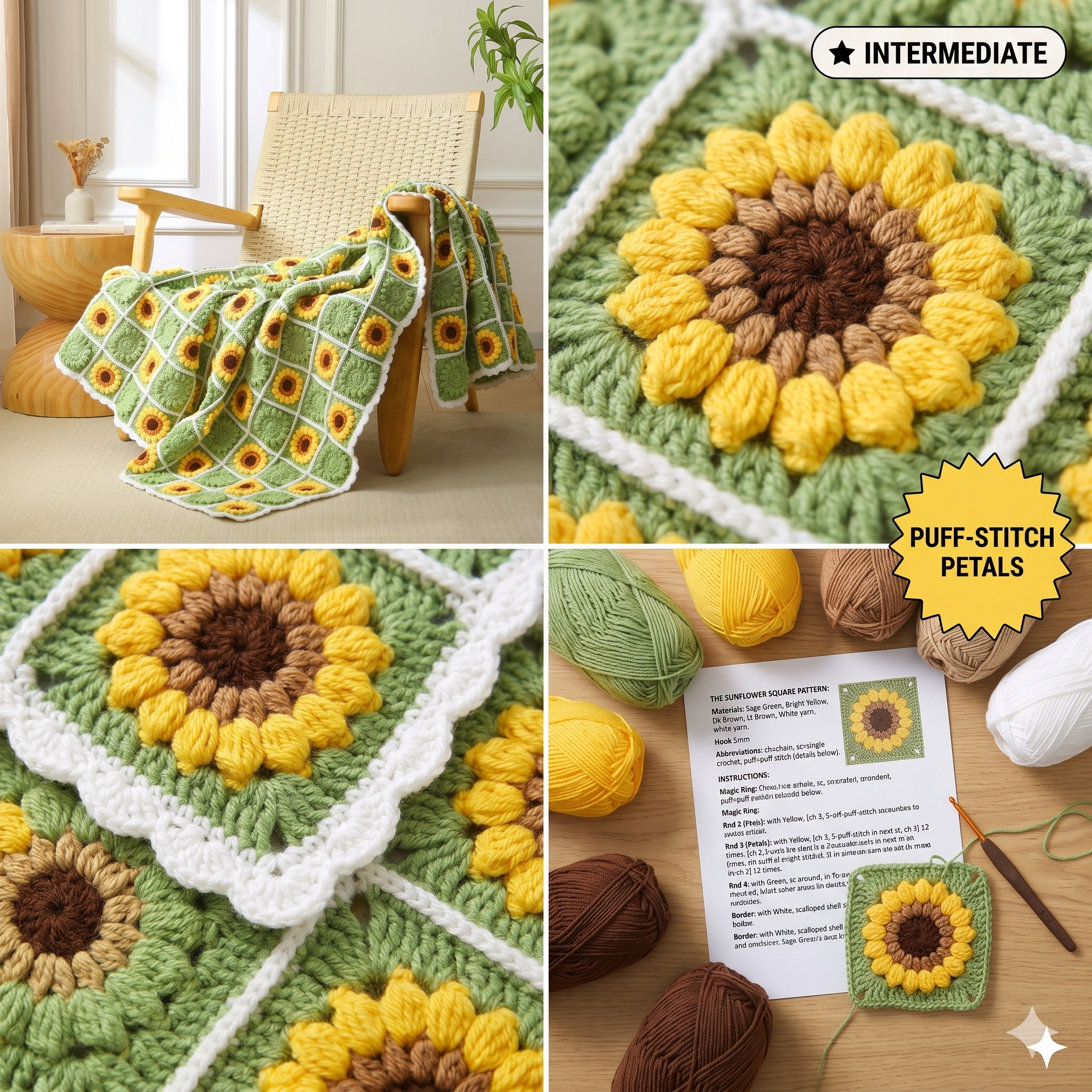 Crochet Sunflower Granny Square Pattern, 120X150cm Crochet Baby Blanket Boho Pattern, Printable Instructions Download PDF Gifts for Her