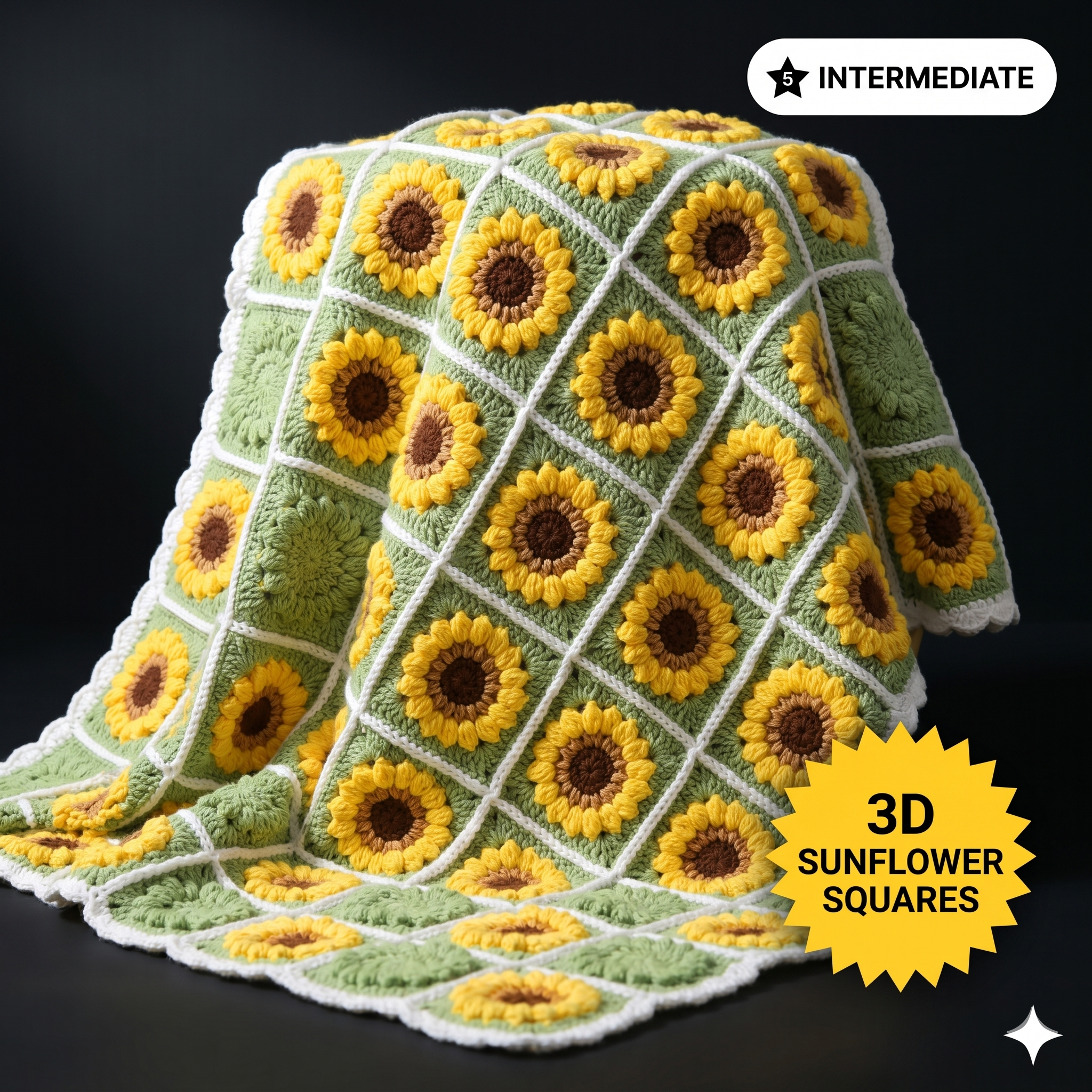 Crochet Sunflower Granny Square Pattern, 120X150cm Crochet Baby Blanket Boho Pattern, Printable Instructions Download PDF Gifts for Her