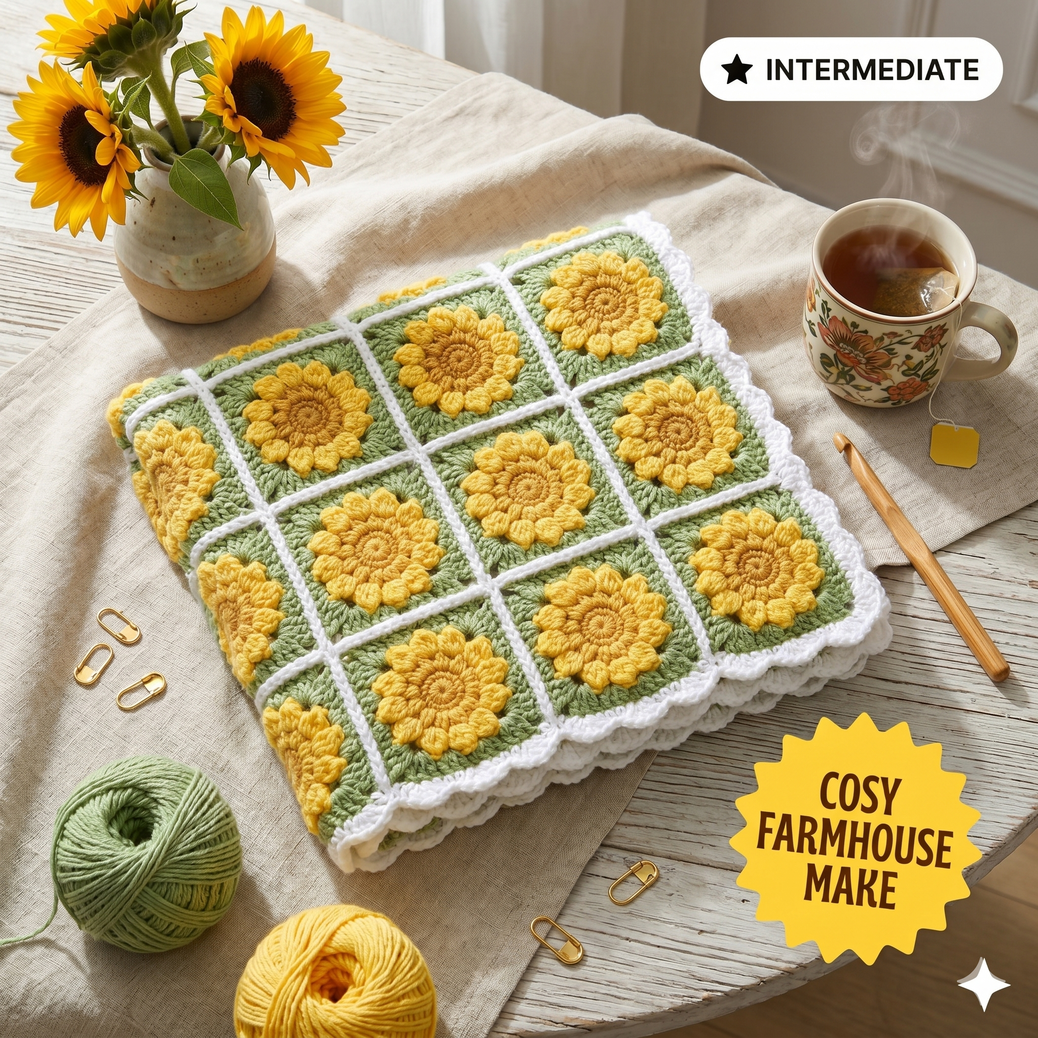 Crochet Sunflower Granny Square Pattern, 120X150cm Crochet Baby Blanket Boho Pattern, Printable Instructions Download PDF Gifts for Her