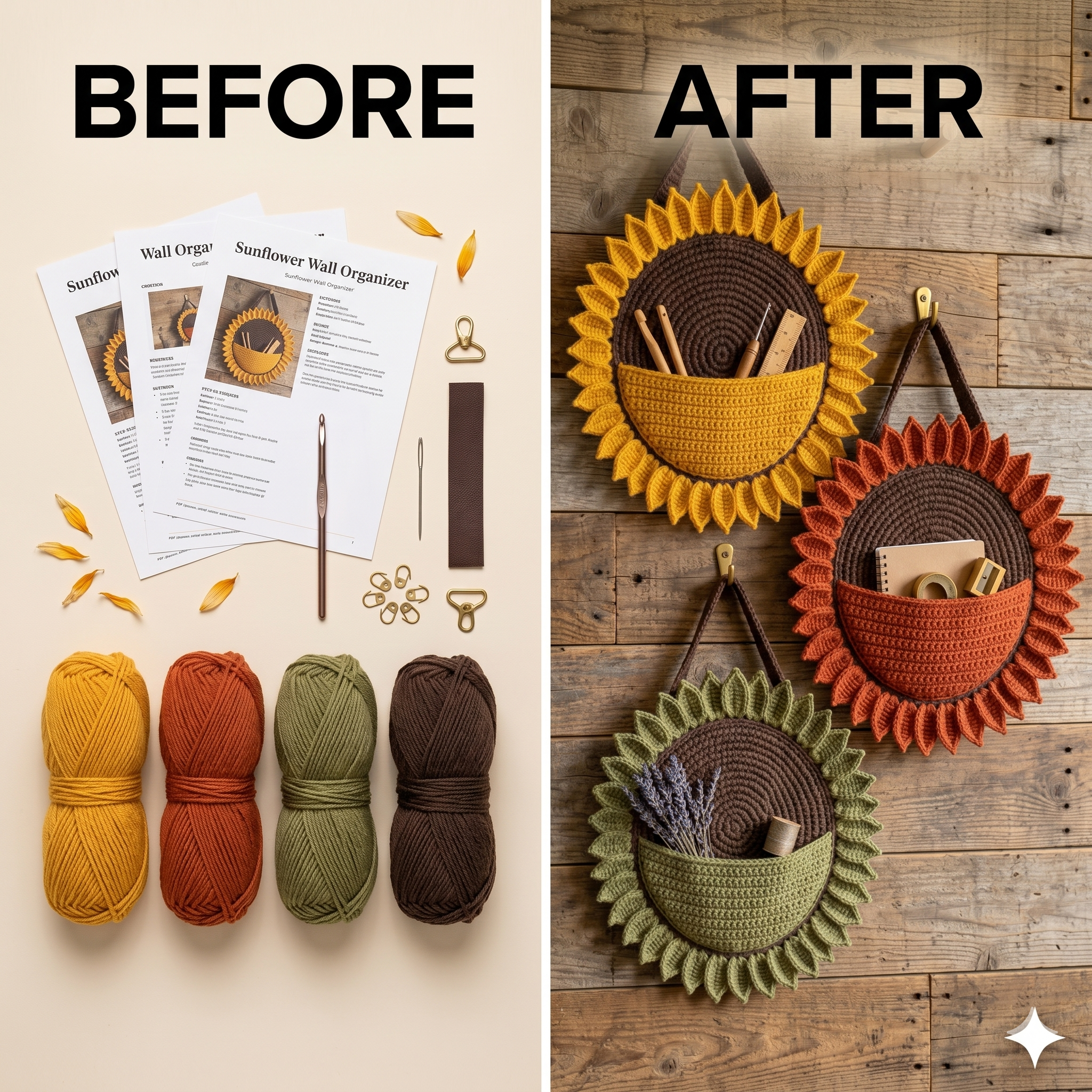 Sunflower Wall Organizer Crochet Pattern PDF, Hanging Storage Pocket, Boho Home Decor, Nursery Organizer, Crochet Gift, Easy DIY Pattern