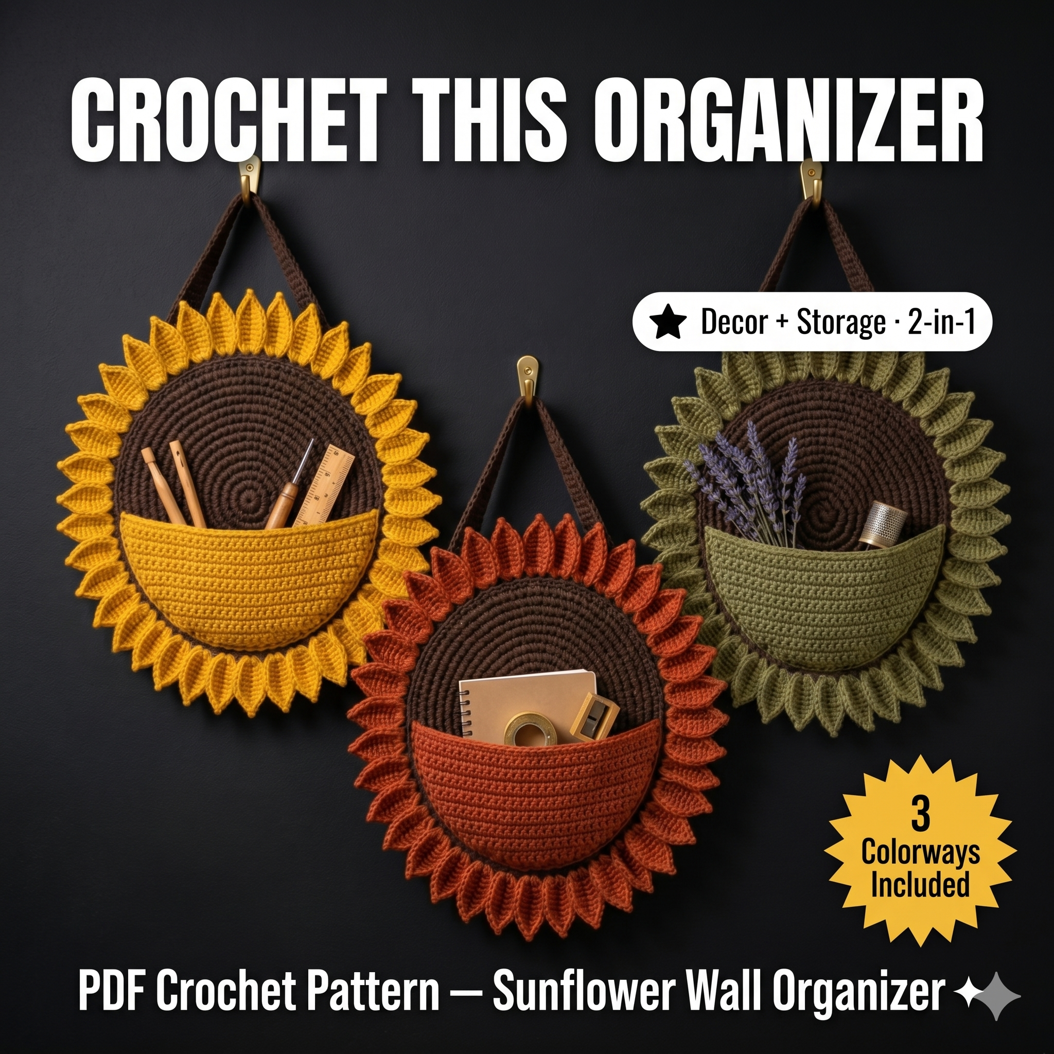 Sunflower Wall Organizer Crochet Pattern PDF, Hanging Storage Pocket, Boho Home Decor, Nursery Organizer, Crochet Gift, Easy DIY Pattern