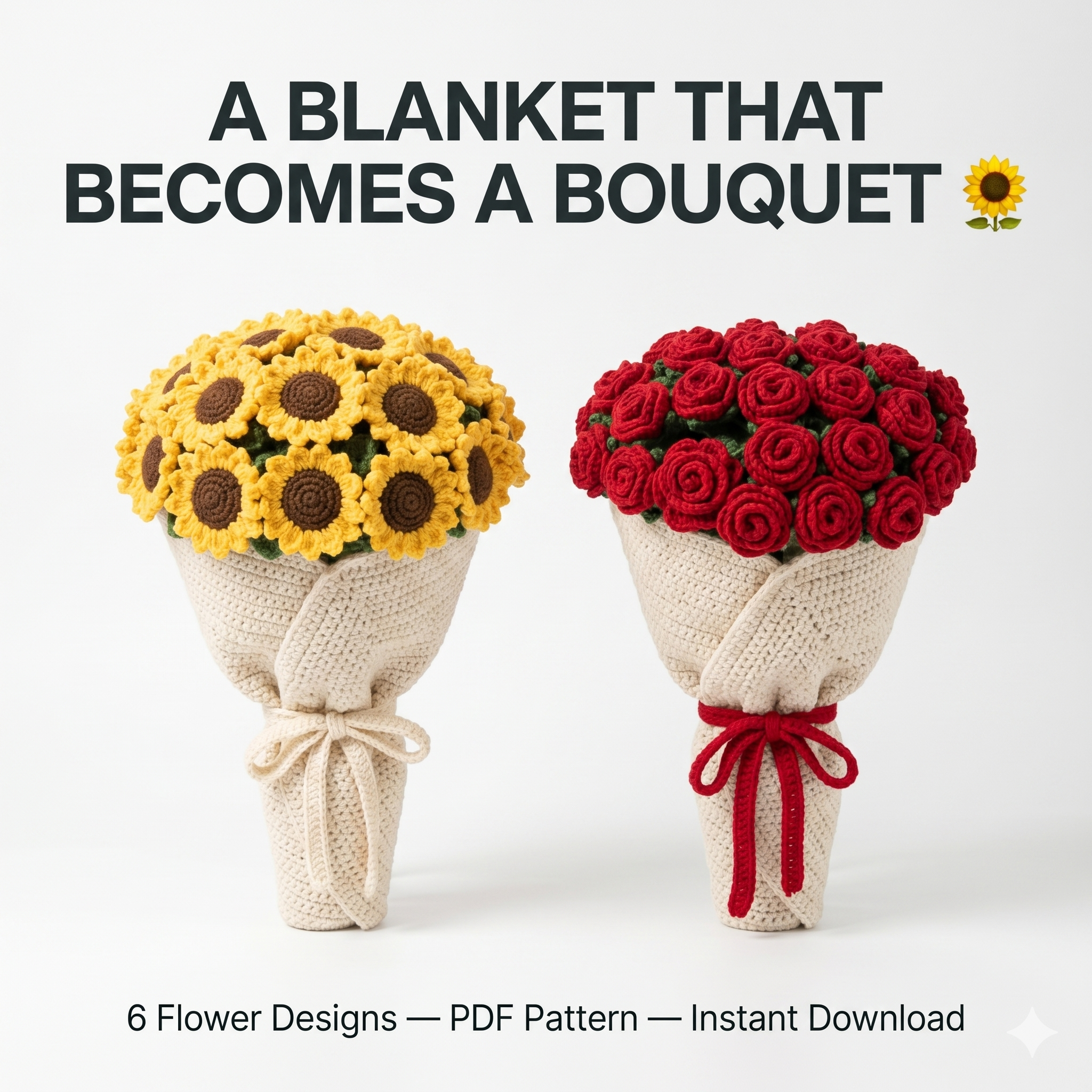 Crochet Flower Bouquet Blanket Pattern PDF – 6 in 1 Floral Blanket, Sunflower & Rose