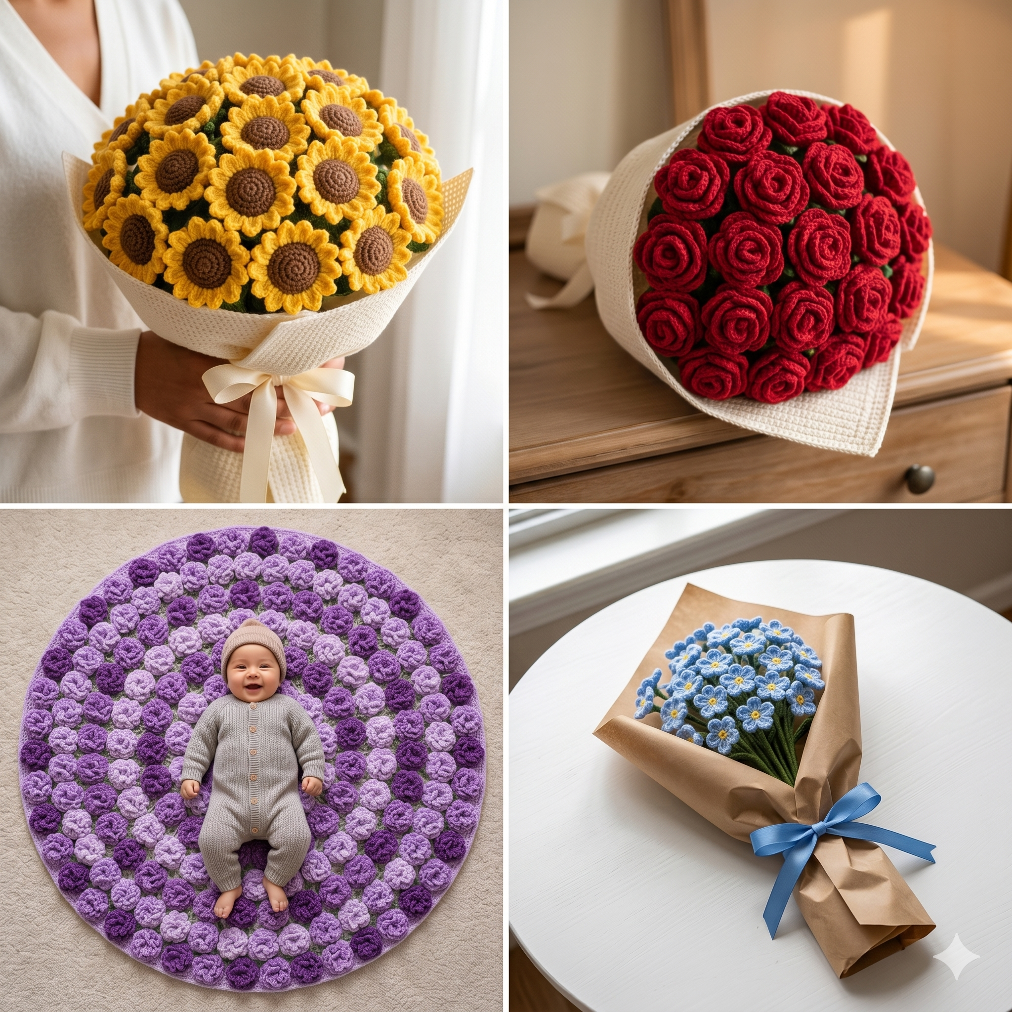 Crochet Flower Bouquet Blanket Pattern PDF – 6 in 1 Floral Blanket, Sunflower & Rose