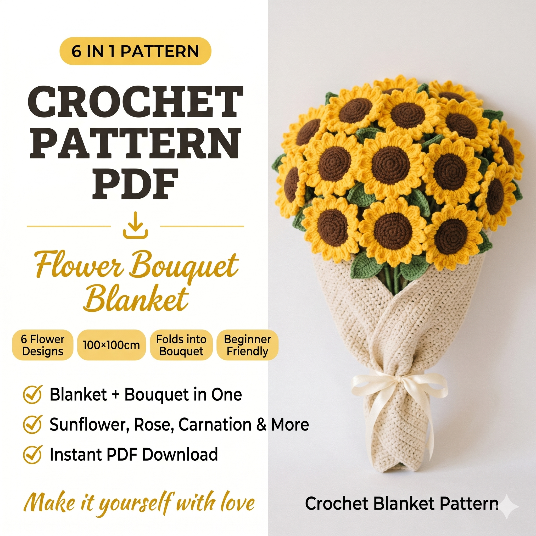 Crochet Flower Bouquet Blanket Pattern PDF – 6 in 1 Floral Blanket, Sunflower & Rose