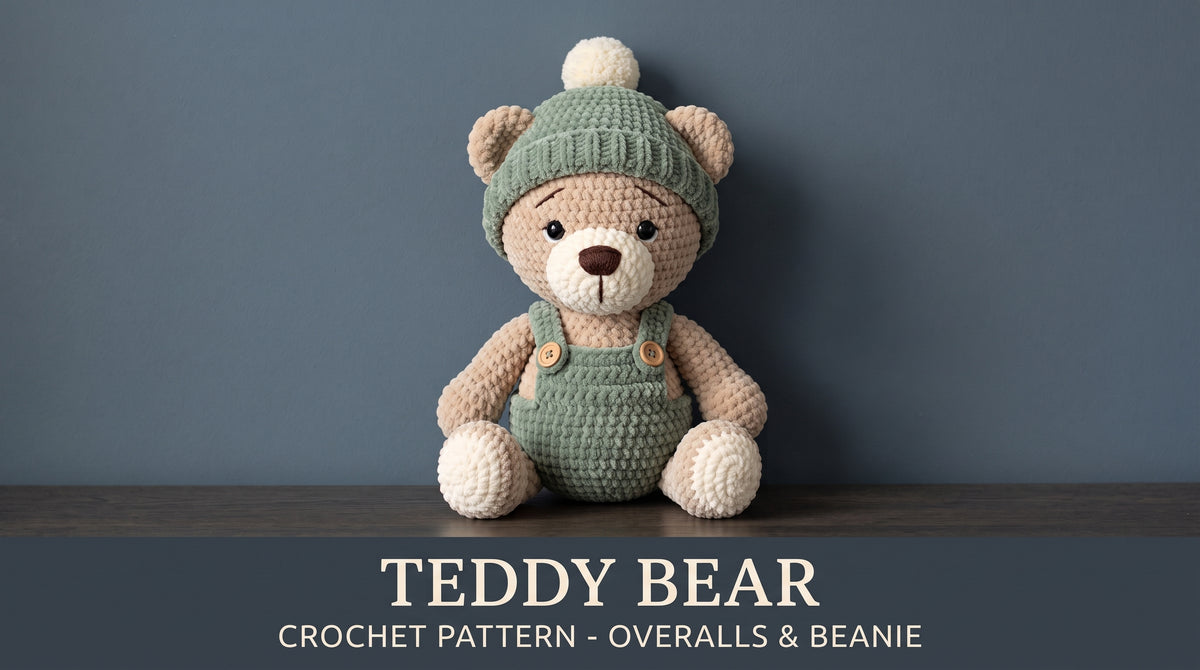 Teddy Bear Crochet Pattern PDF with Overalls & Beanie, Amigurumi