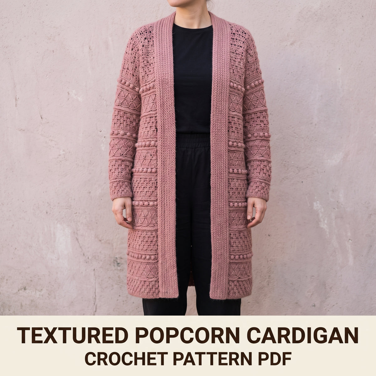 Textured Crochet Cardigan Pattern PDF, Popcorn and Diamond Stitch Open Front Cardigan, Sizes S to 2XL