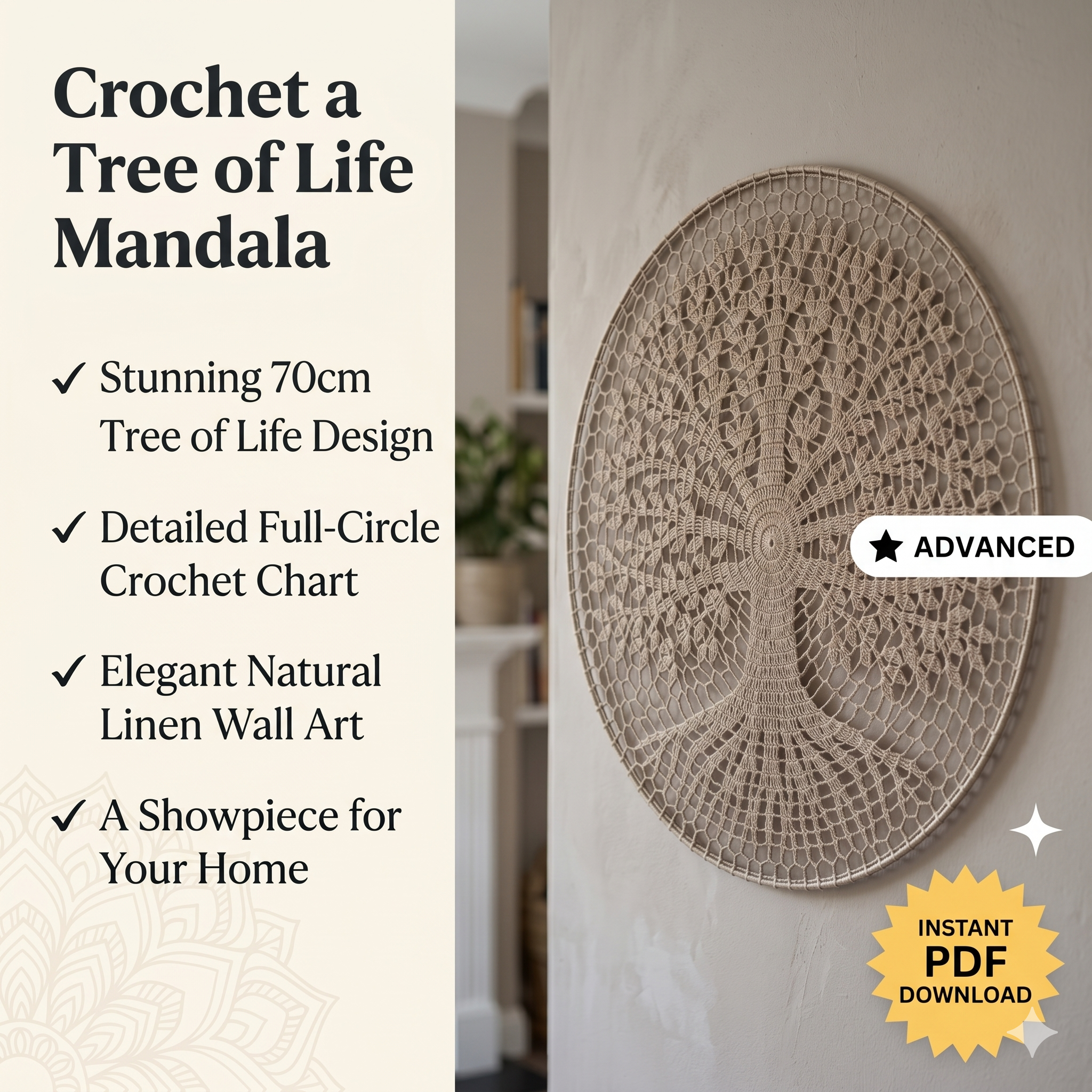 Tree of Life Mandala Crochet Pattern PDF, 70cm 28in Wall Hanging, English Only, Diagram, No Written Pattern