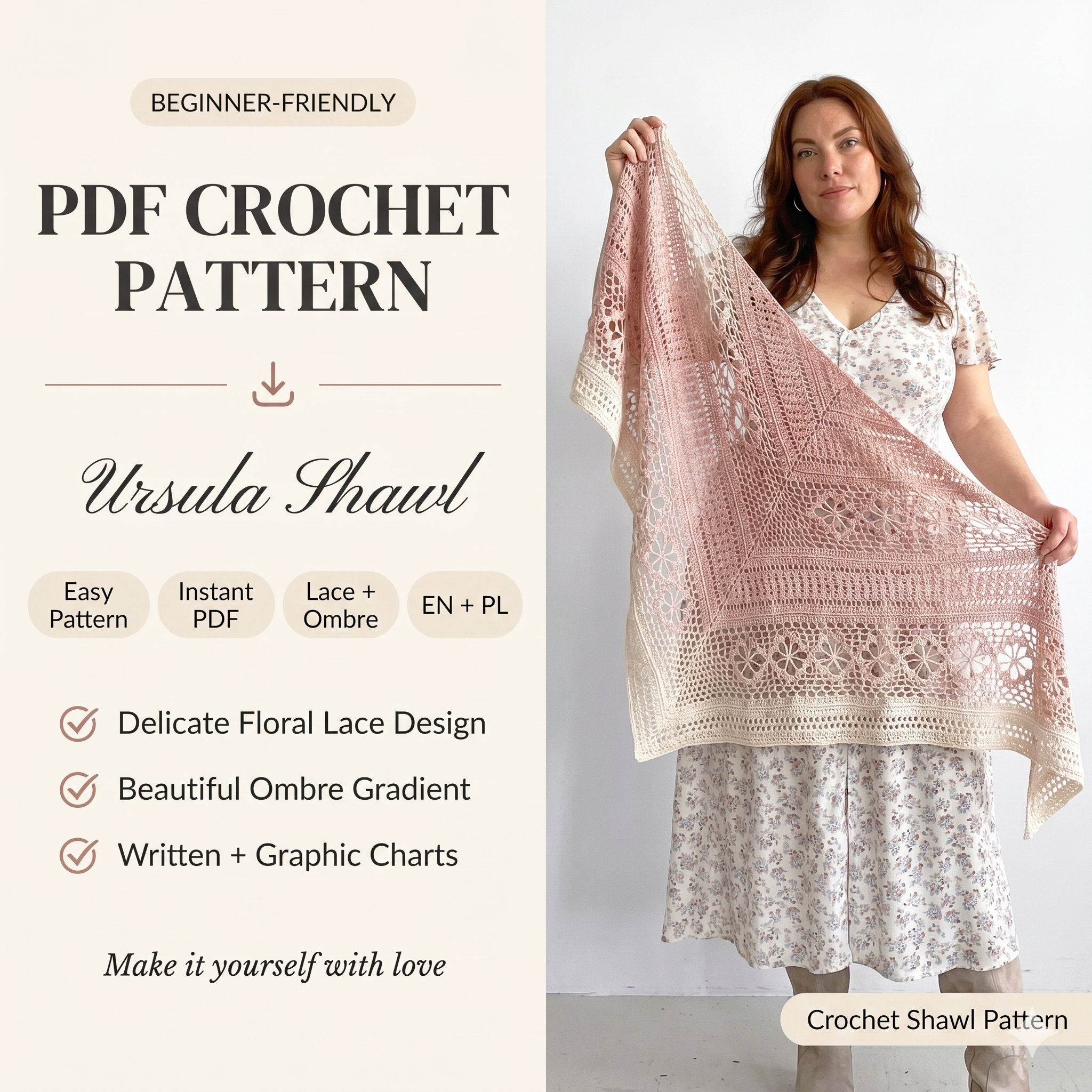 Crochet Shawl Pattern: Ursula Easy Tutorial (Digital Download)